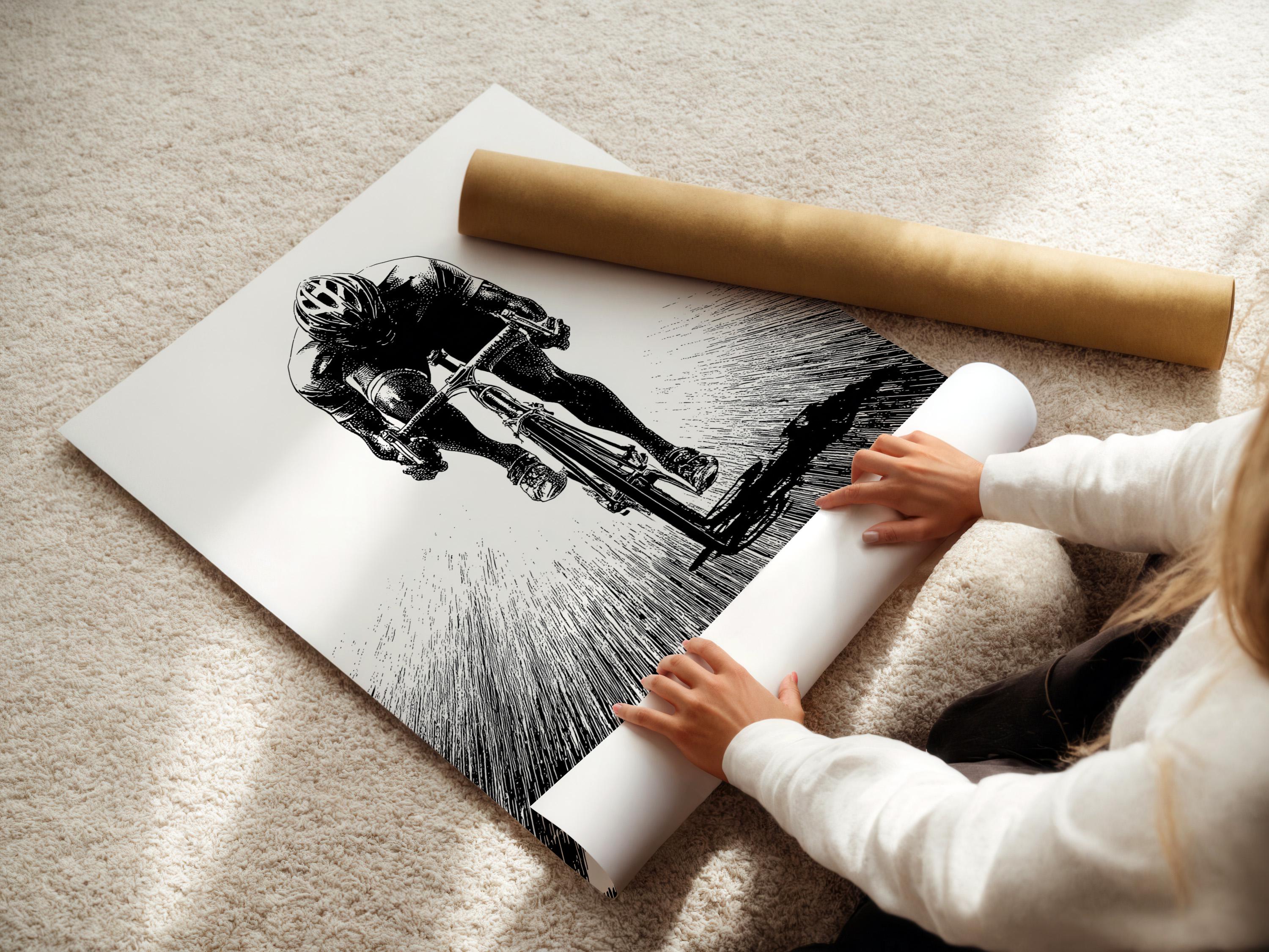 Room mockup showing a framed monochrome cyclist illustration on a light wall