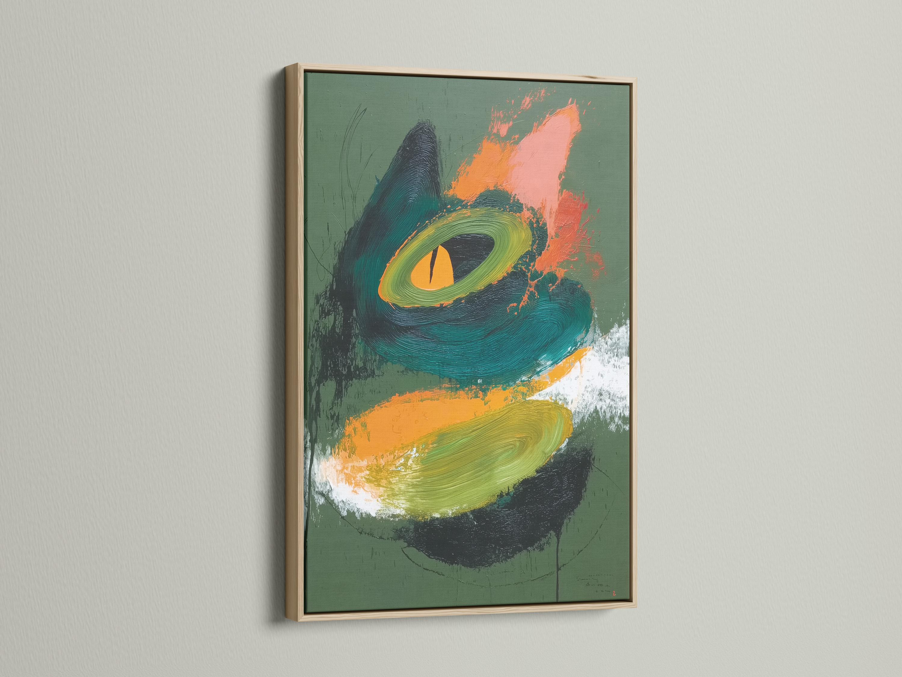 Abstract cat face artwork with green background, teal swirls and orange highlight detail view