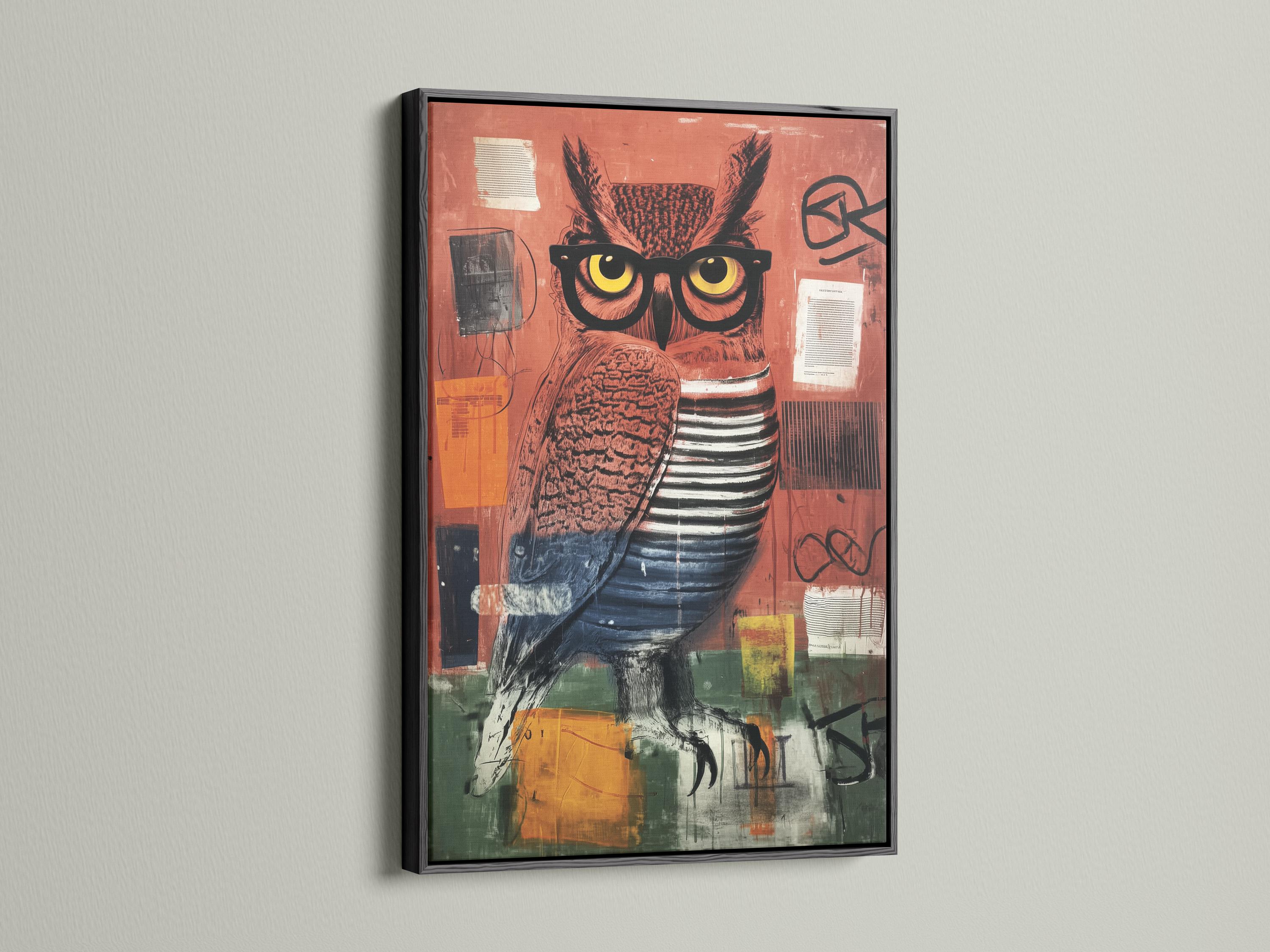 Stylised owl wearing oversized glasses in terracotta, teal and charcoal tones detail view
