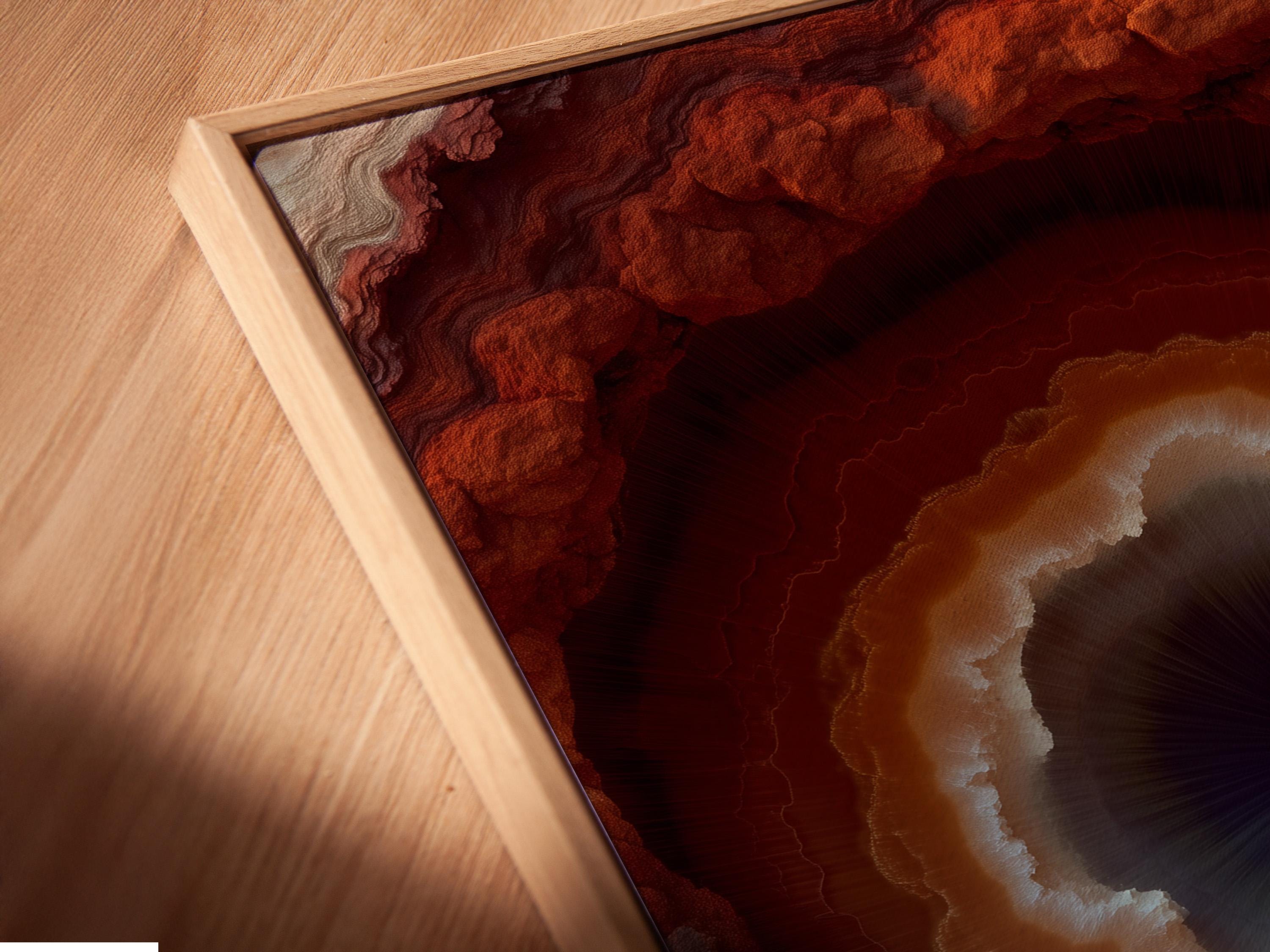 A rust orange geode-like abstract design shows a bright glowing ring around a dark centre, surrounded by marbled stone textures detail view