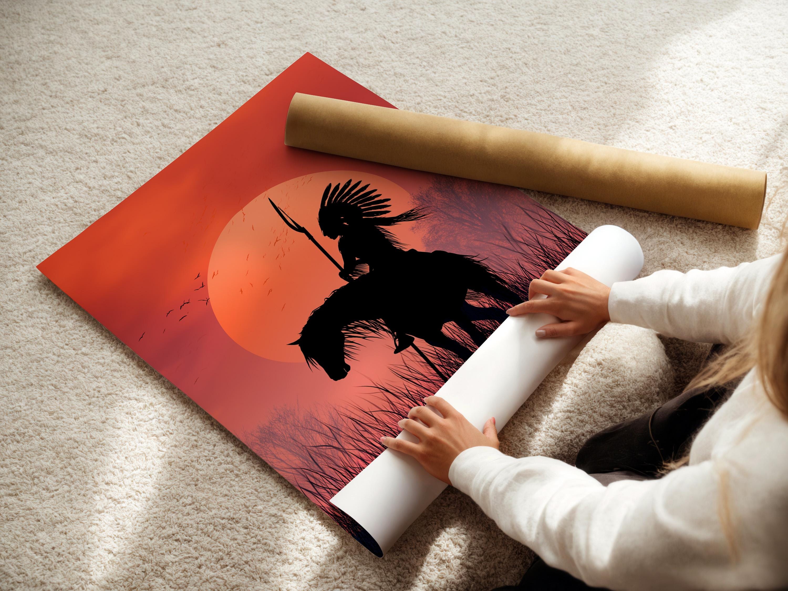 Black silhouette of a rider on horseback with an upright spear in front of a glowing sunset sun and grasses detail view