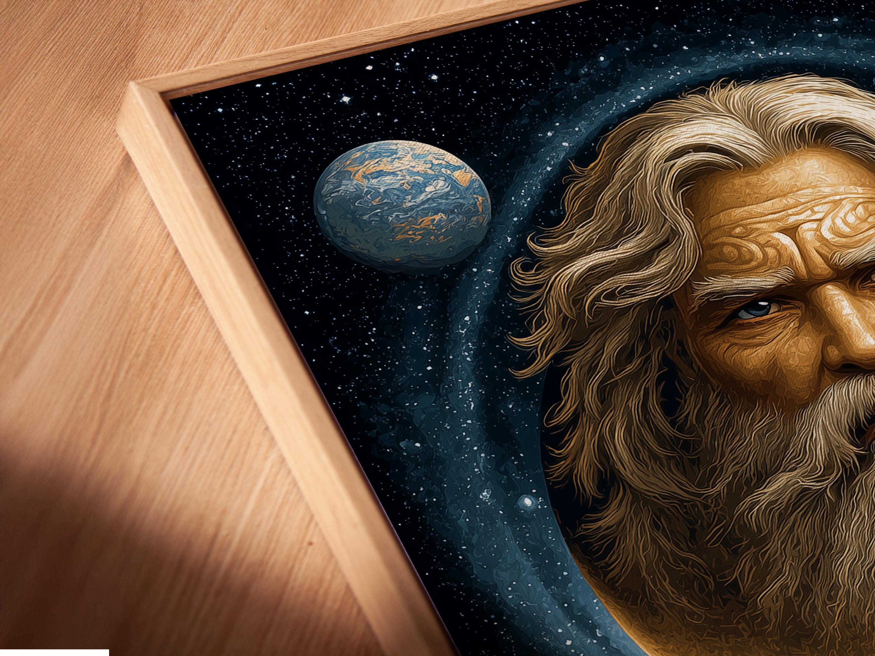 Room mockup showing a framed surreal celestial portrait with a glowing moon and desert landscape