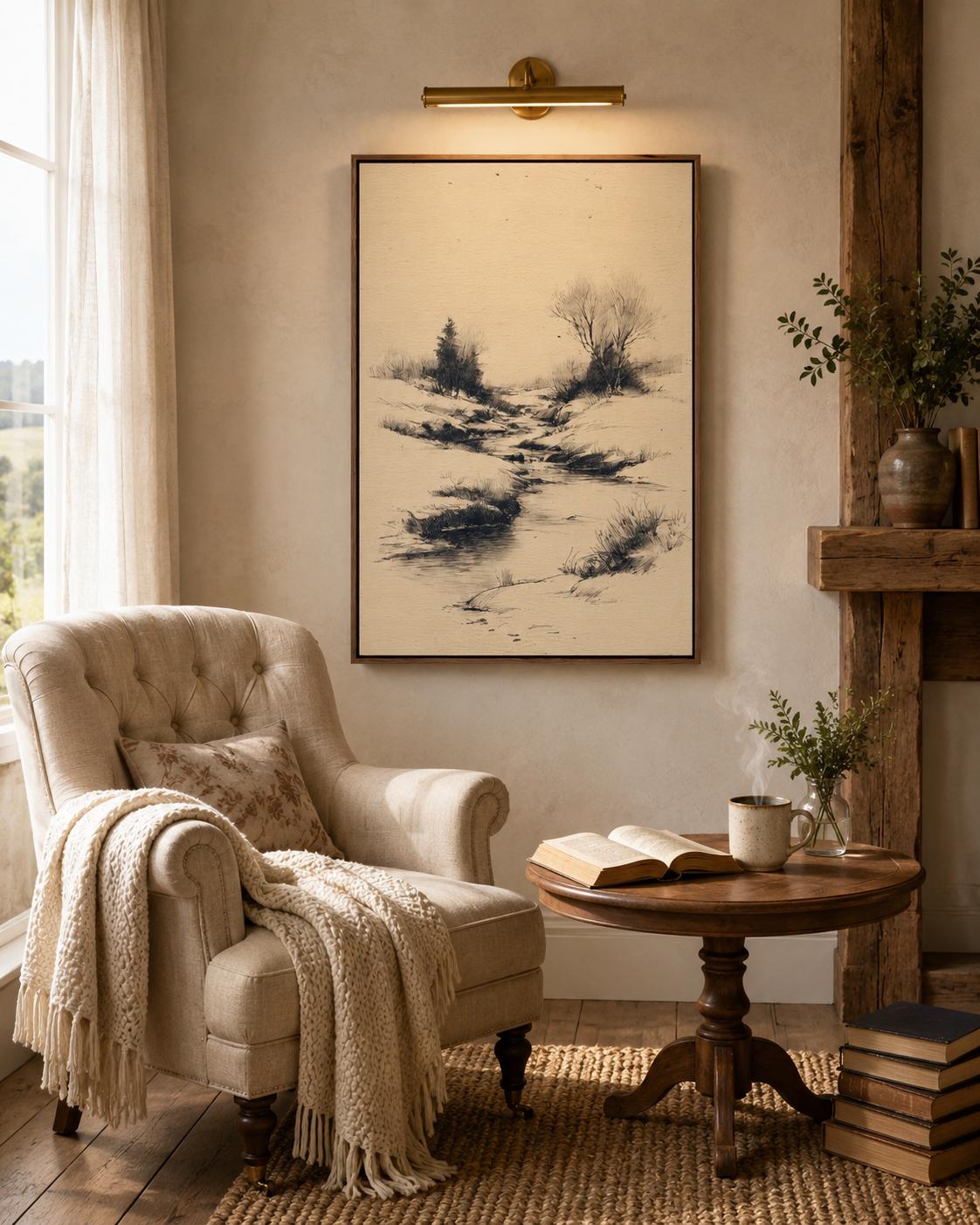 Woman holding a large framed beige river landscape sketch on a light wall in a bright room
