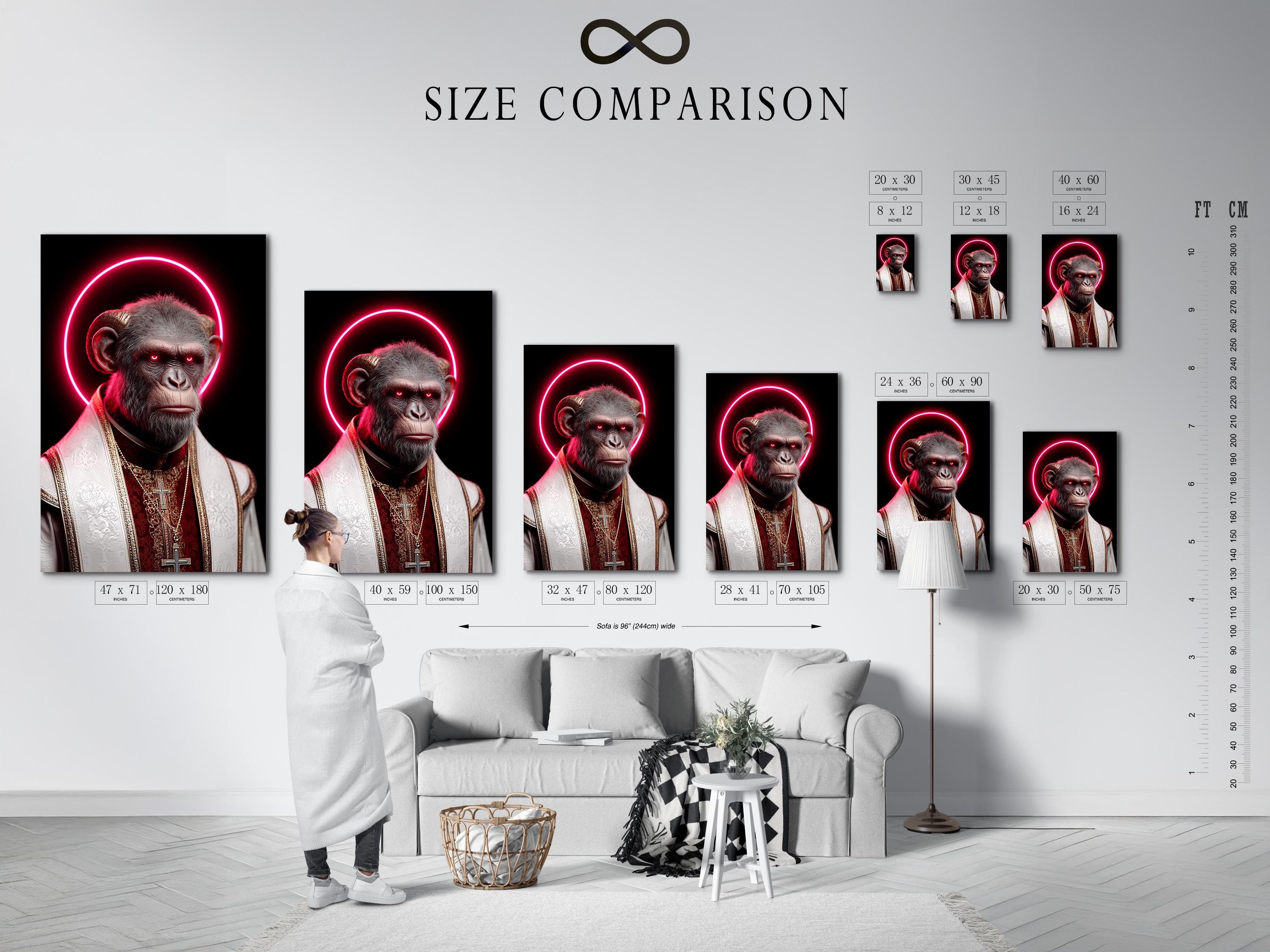 Surreal monkey portrait with a bright pink neon halo and red-and-gold robes detail view