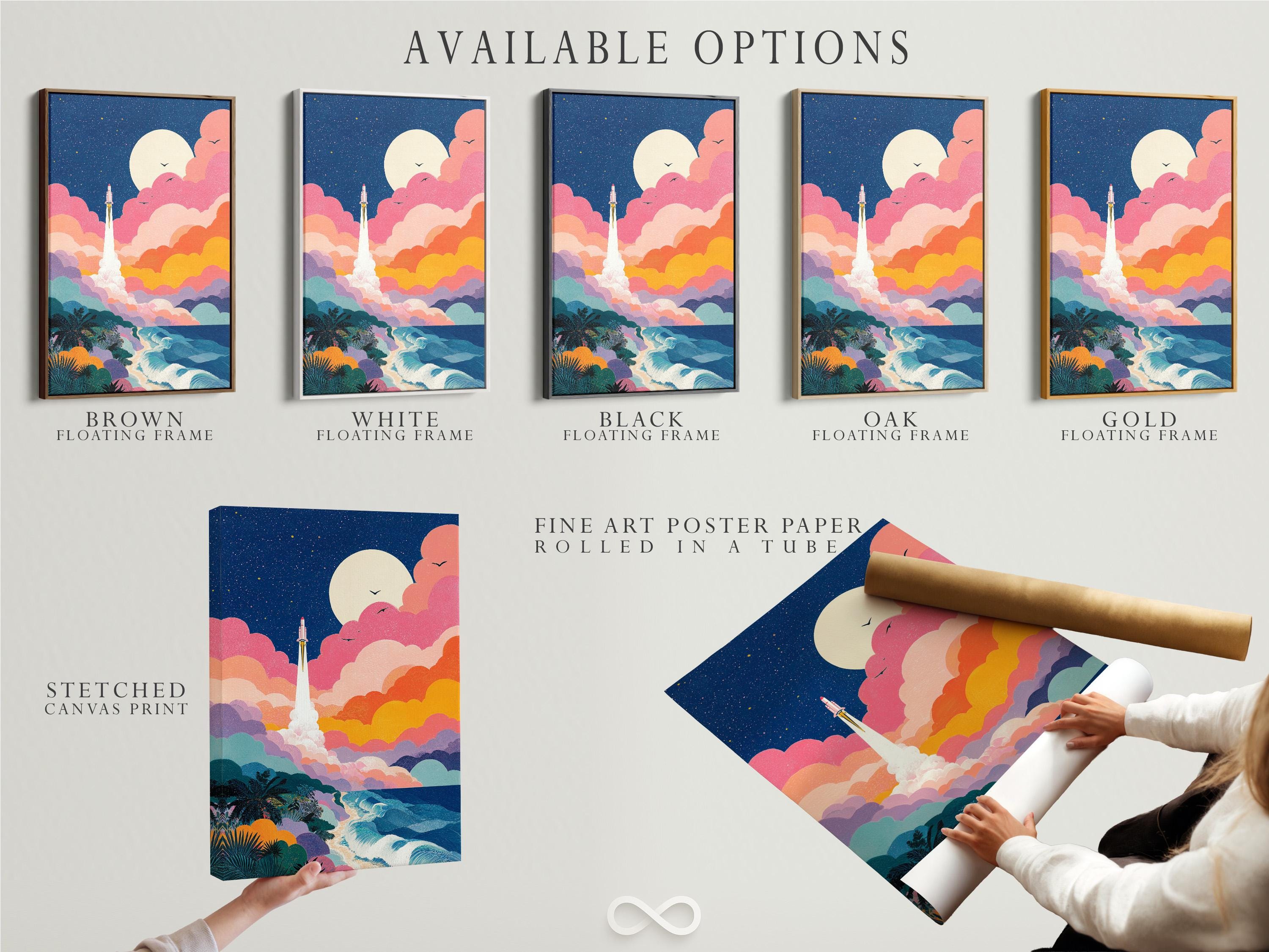 Retro rocket launching from a beach under a starry night sky with pink clouds and birds detail view