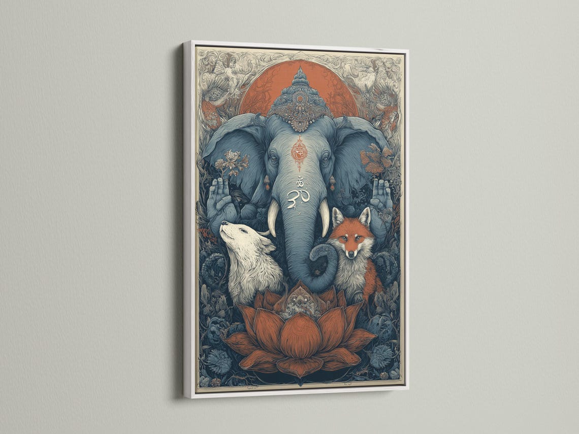 Ornate spiritual animal illustration of a blue elephant with an om symbol, fox and wolf in a forest scene detail view