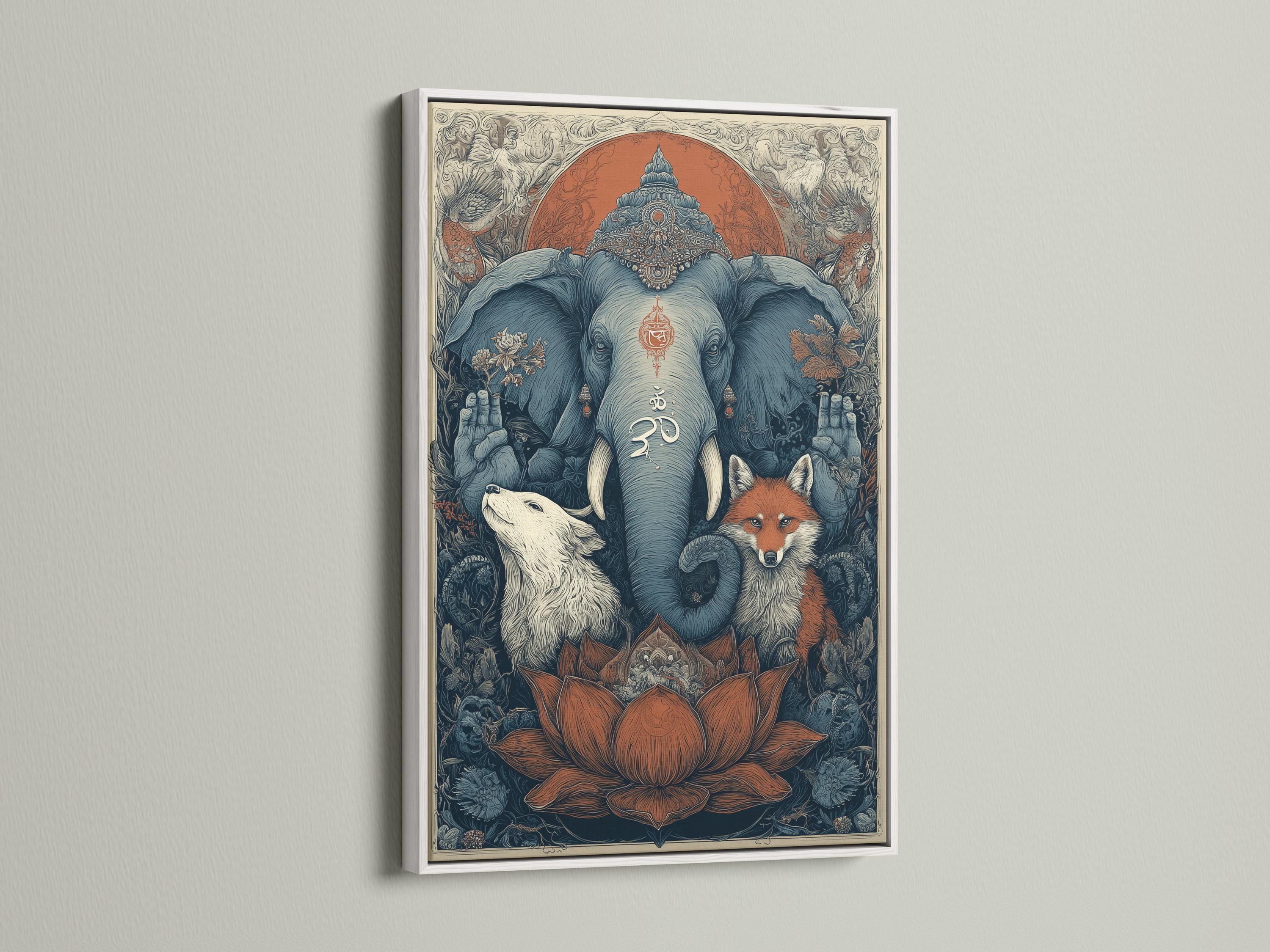 Ornate spiritual animal illustration of a blue elephant with an om symbol, fox and wolf in a forest scene detail view