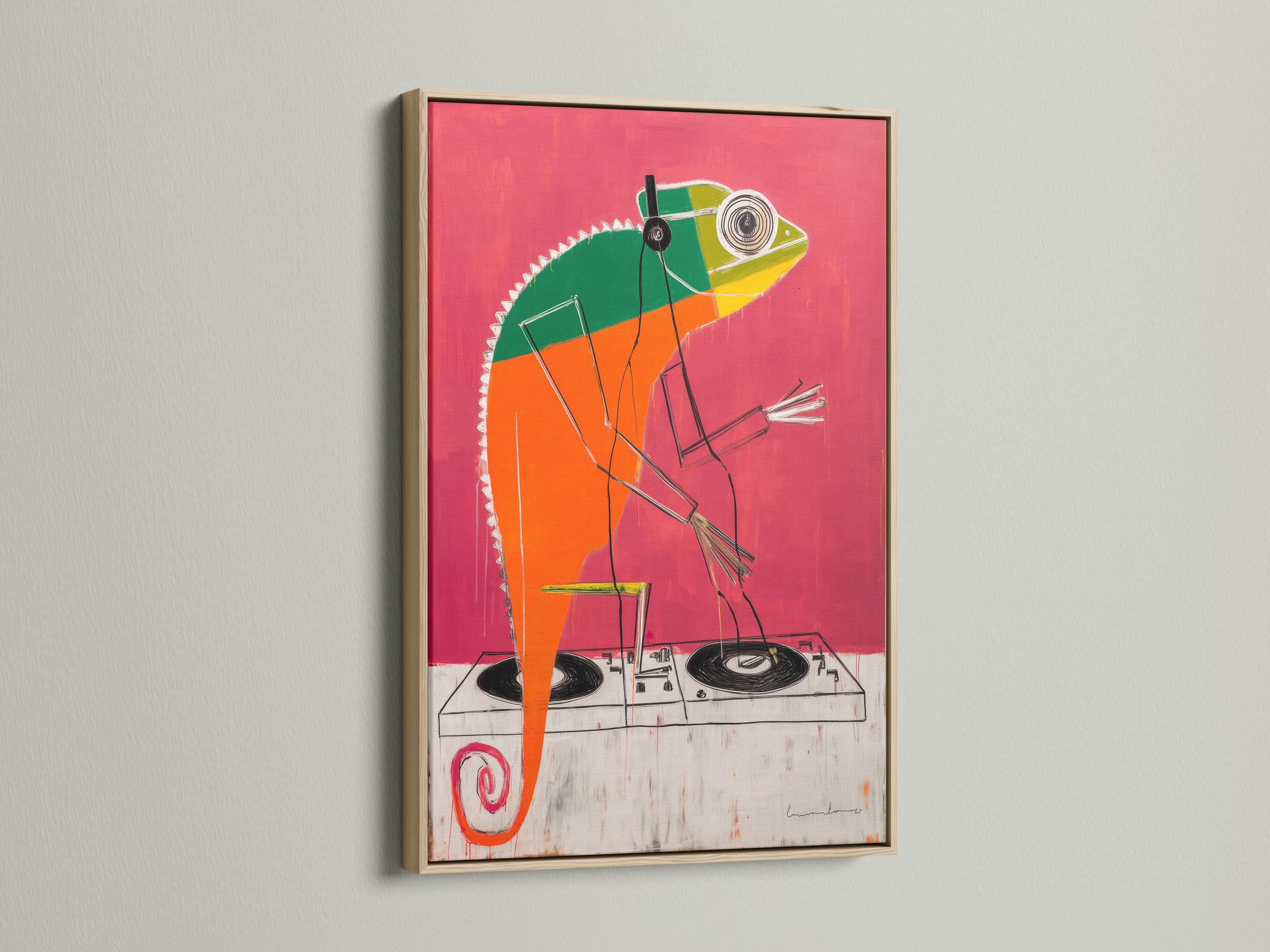 Coral pink pop-art animal wearing headphones over a DJ mixing deck with turntables detail view