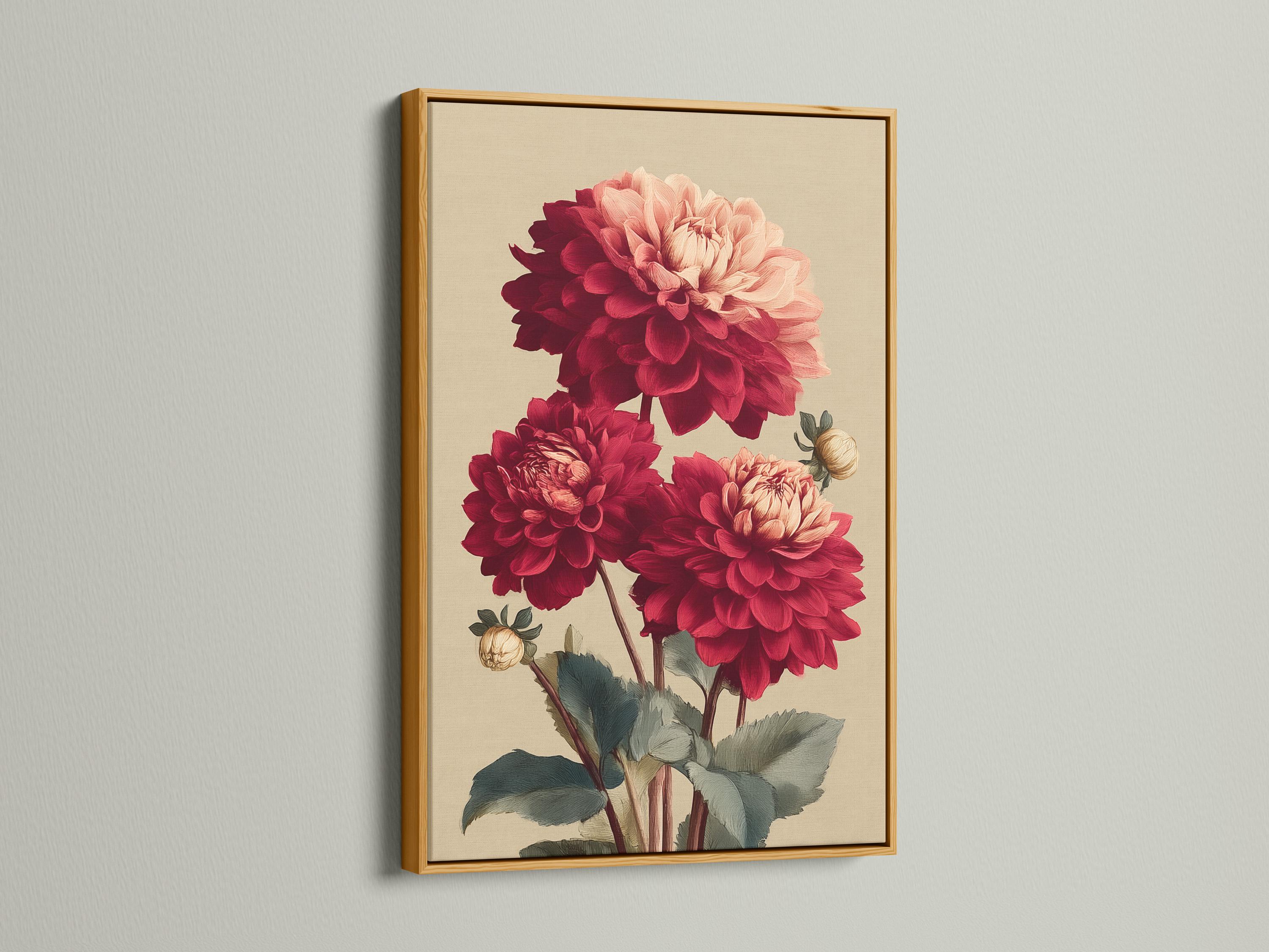 Room mockup featuring framed artwork with burgundy and pale pink dahlias and dark green leaves on a cream background