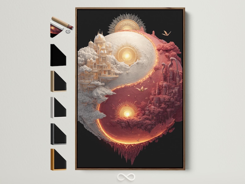 Yin-yang celestial cityscape with coral and ivory clouds, glowing orbs, and birds in flight