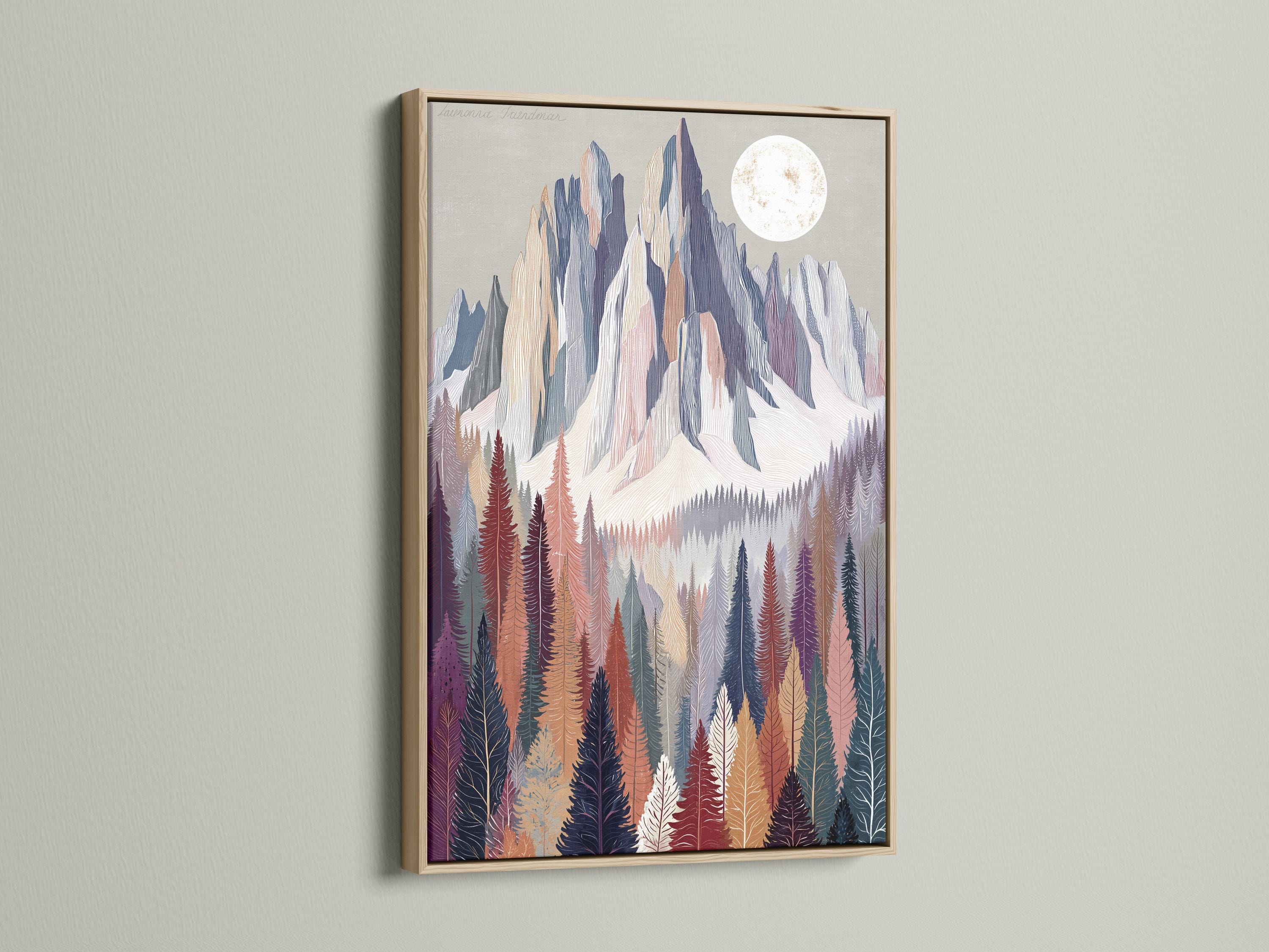 Pastel mountain and conifer forest landscape with a pale moon in the sky detail view