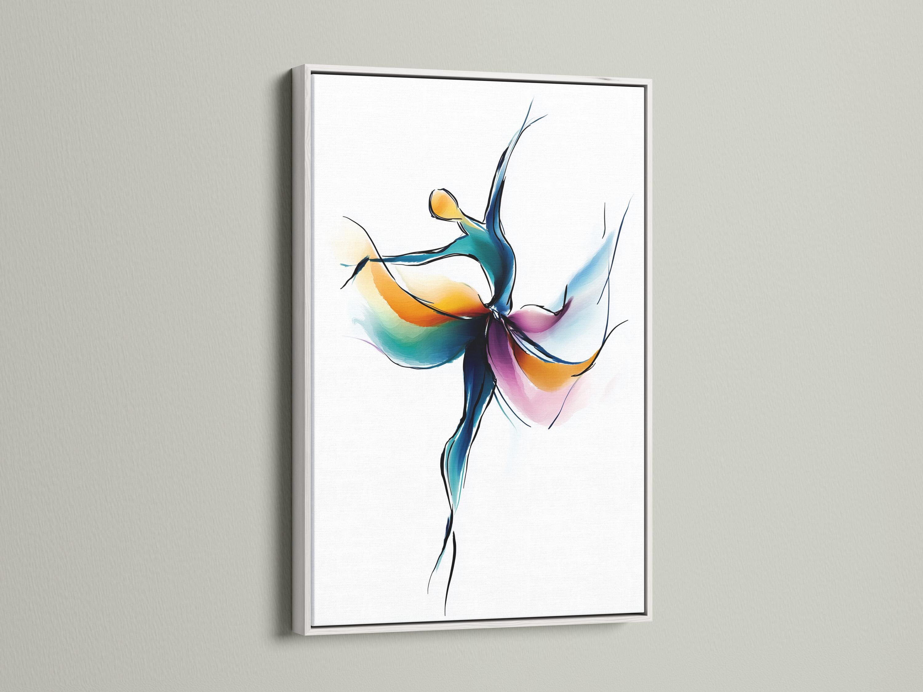 Woman stretching in a dance studio with a framed abstract dancer artwork on the wall