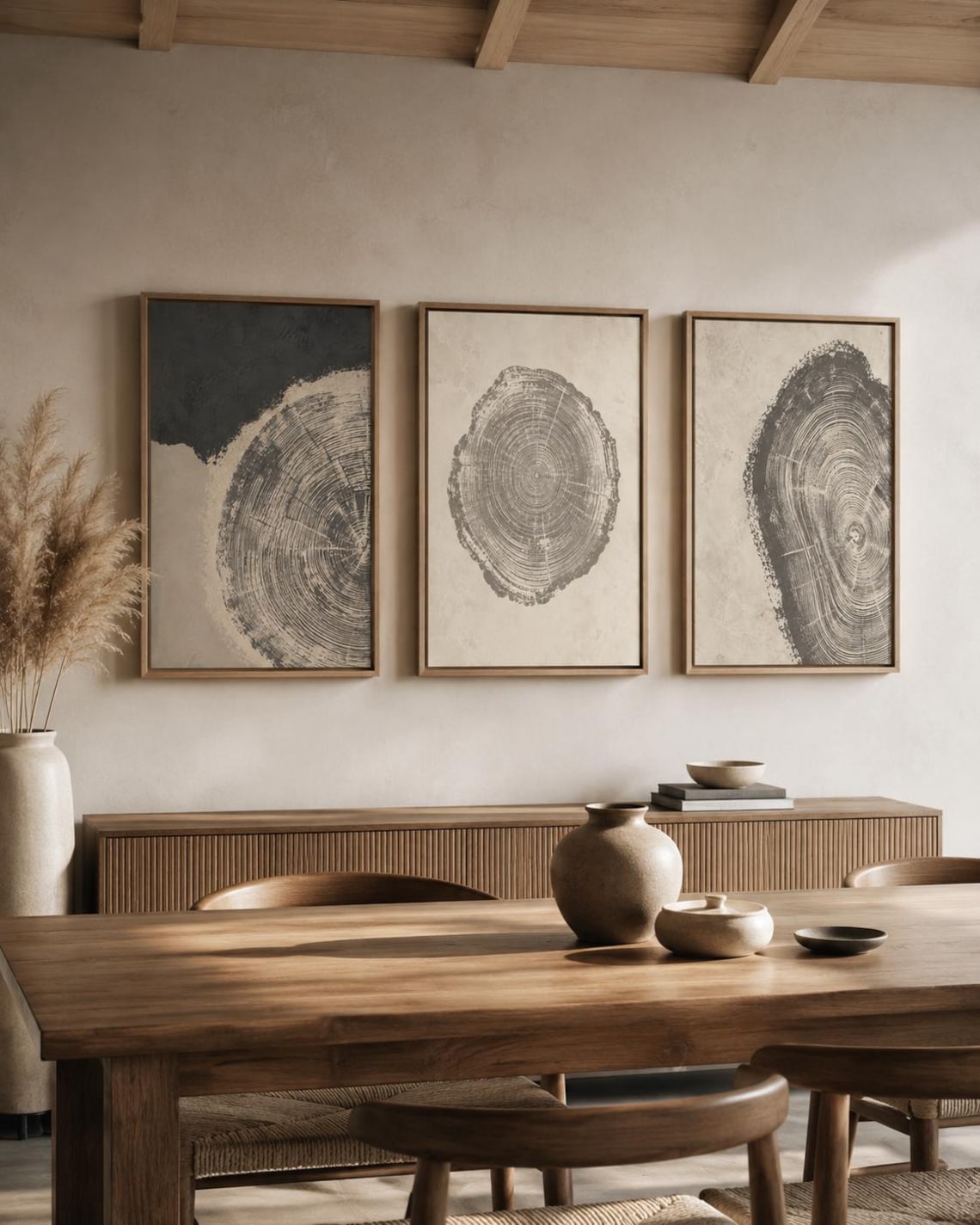 Three-panel abstract tree-ring circles in grey linework on neutral backgrounds detail view