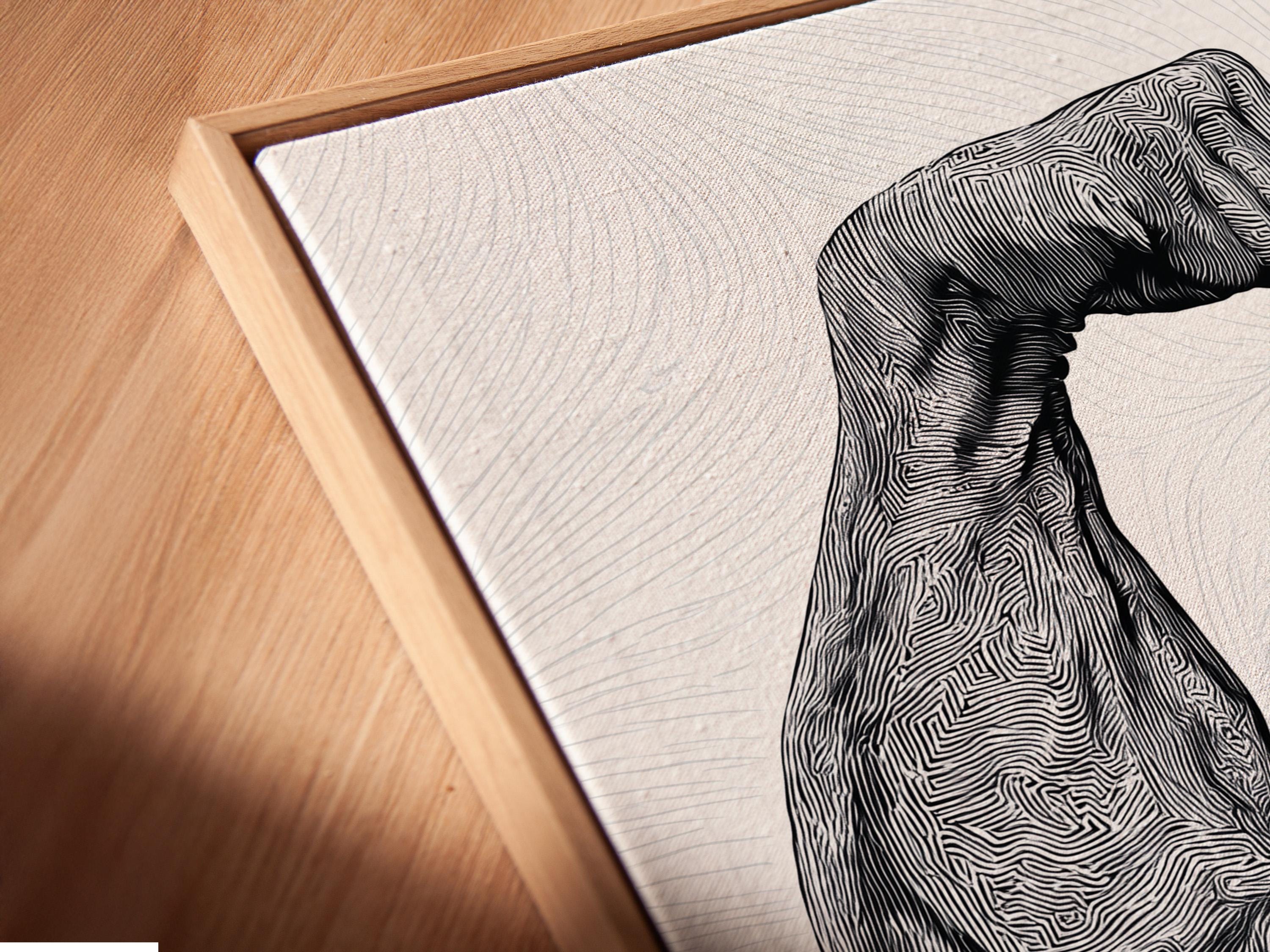 Black and white line art of a flexing muscle figure with dense contour lines detail view