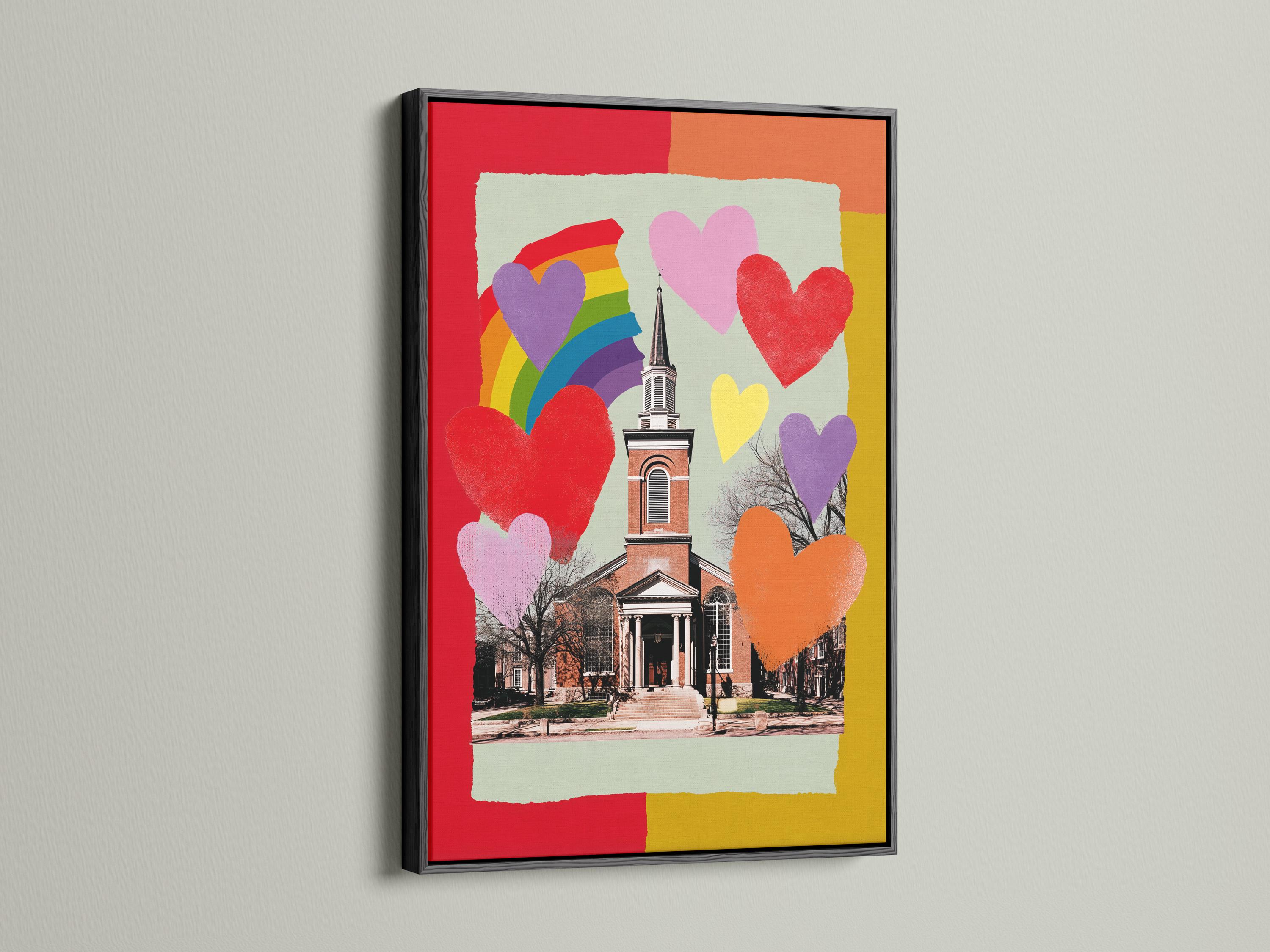 Rainbow hearts church artwork with a rainbow arch and colourful heart shapes detail view