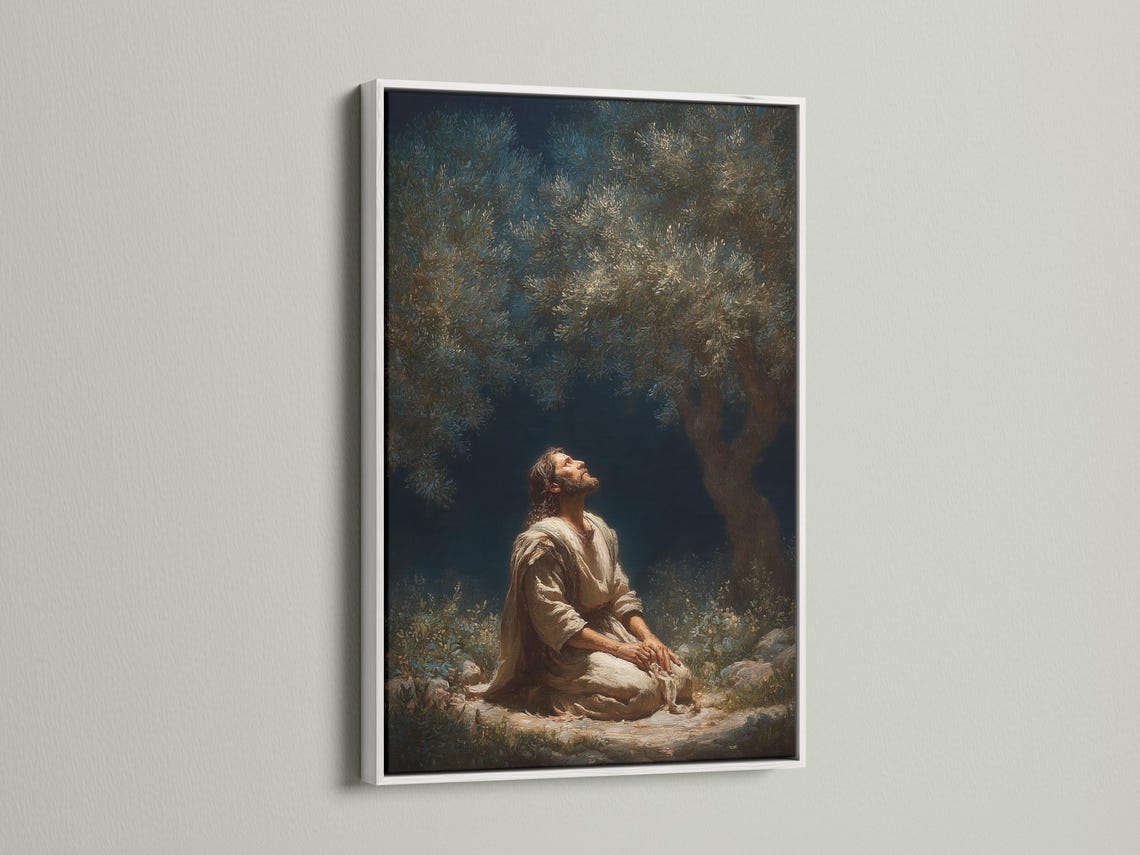 Praying figure beneath an olive-like tree with dense foliage and a deep navy background detail view
