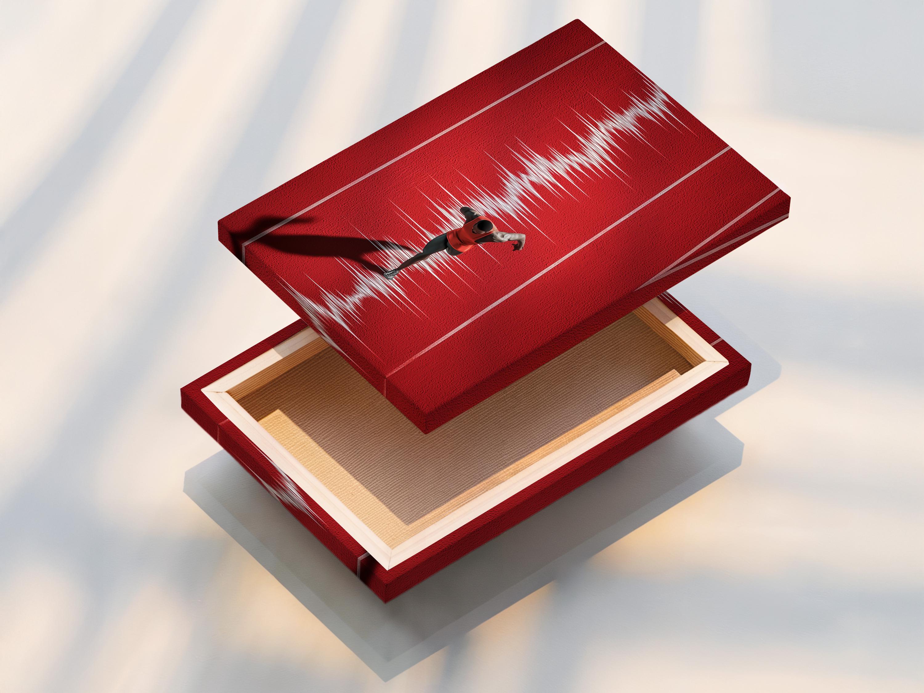 Mockup showing a framed red runner track artwork on a light wall