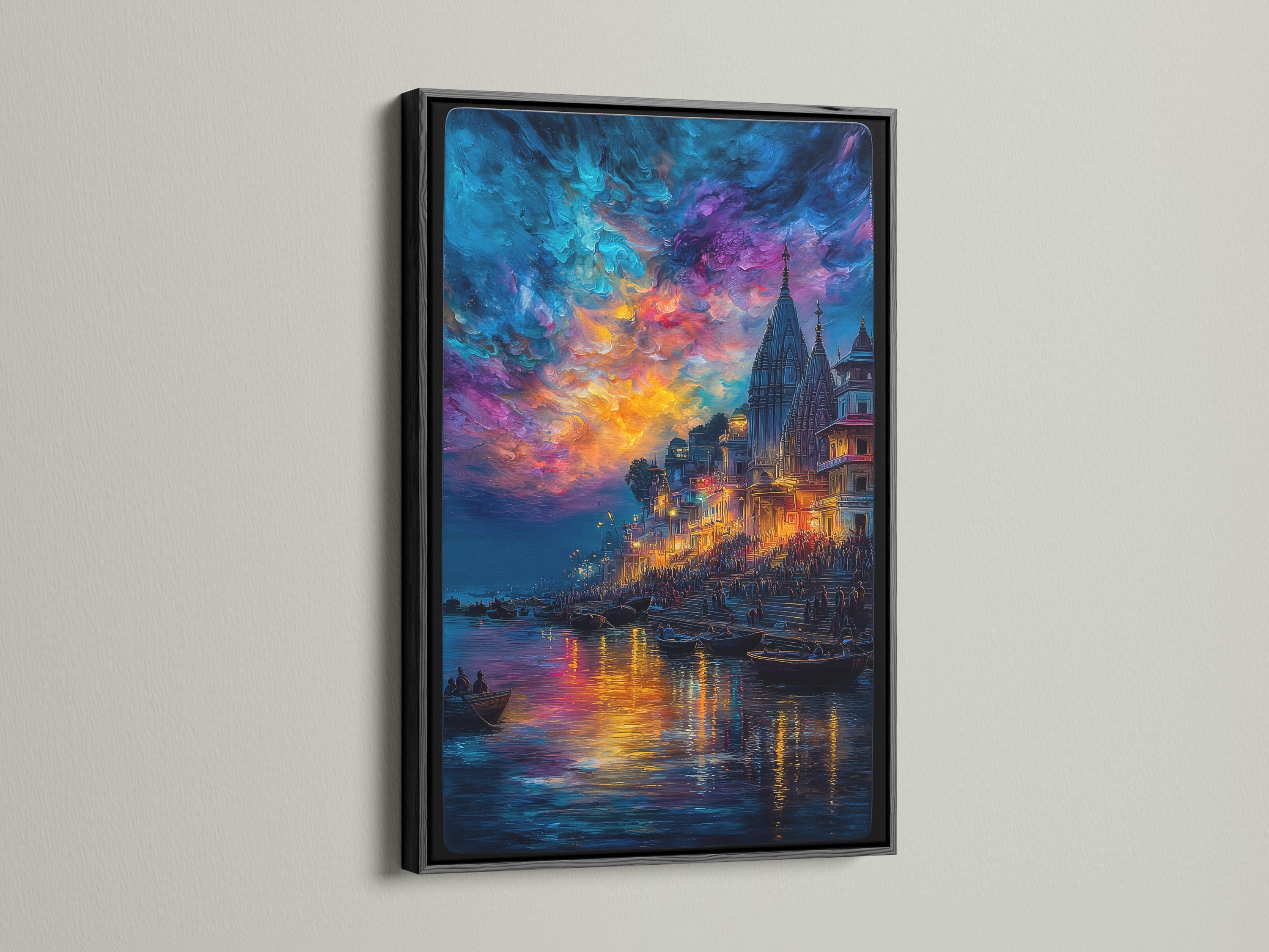 Painterly city riverscape at sunset with spired buildings, boats on reflective water and colourful clouds detail view