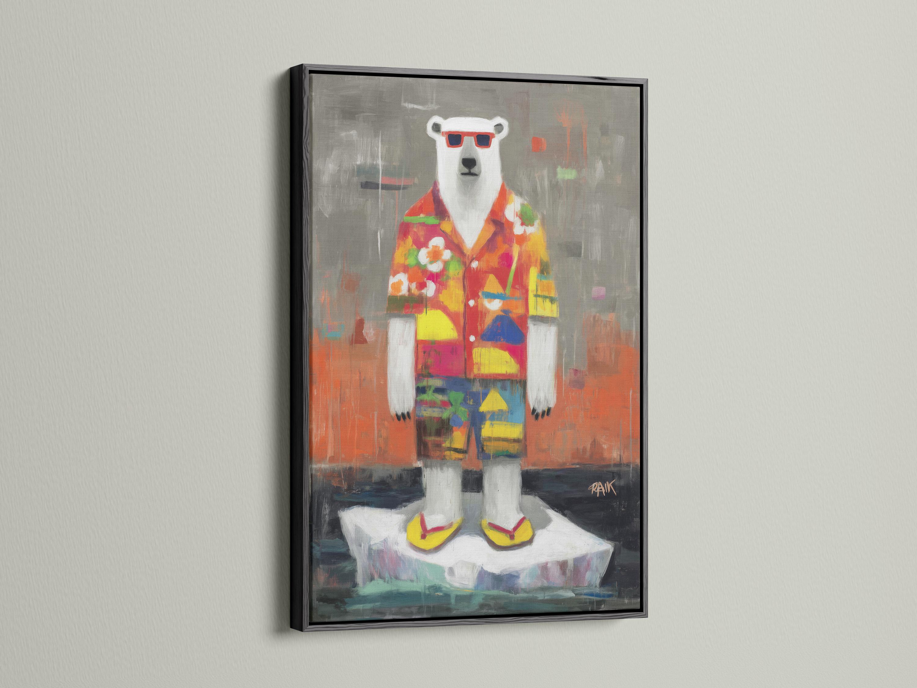 Stylised polar bear wearing red sunglasses and a colourful tropical shirt against a grey background detail view