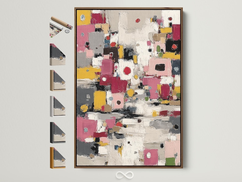 Textured abstract artwork with layered geometric blocks in pink, yellow, grey and black