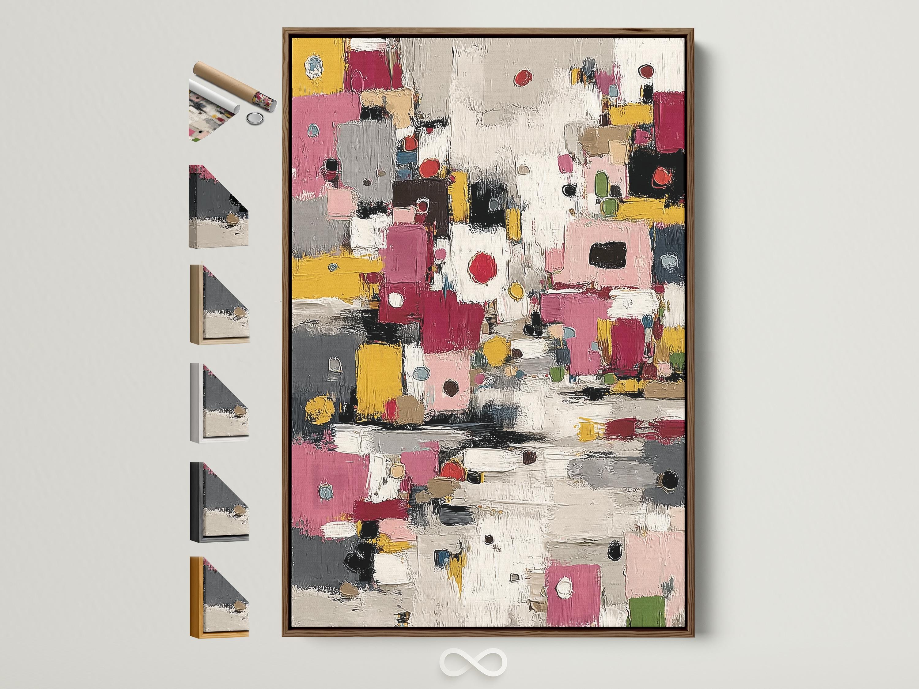 Textured abstract artwork with layered geometric blocks in pink, yellow, grey and black
