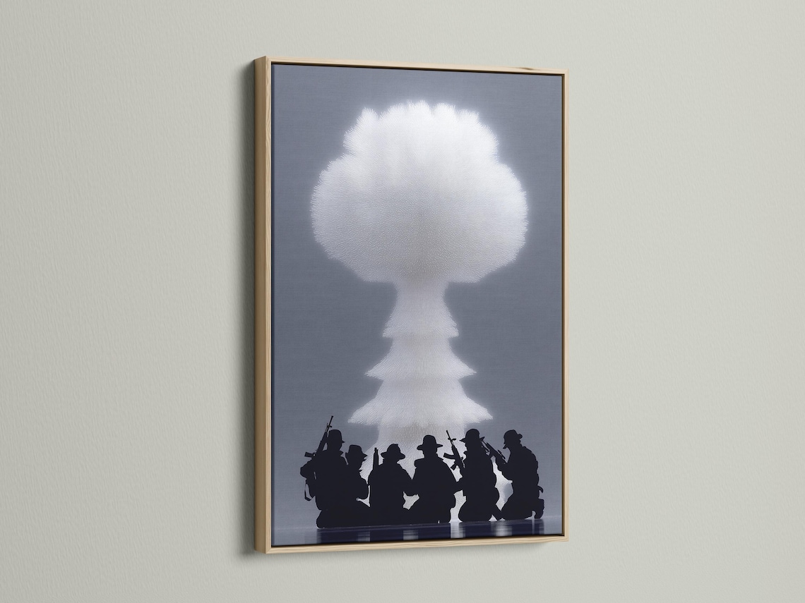 White soldier silhouette with radiating texture above dark marching soldier silhouettes detail view