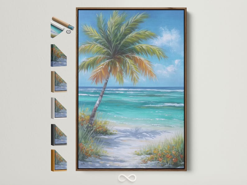 Leaning palm tree over turquoise ocean waves and sandy beach under a bright blue sky