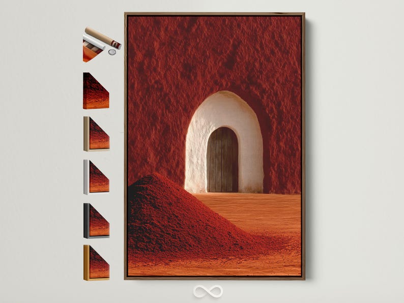 Warm red and terracotta desert arch doorway with a pale arch and wooden door panel