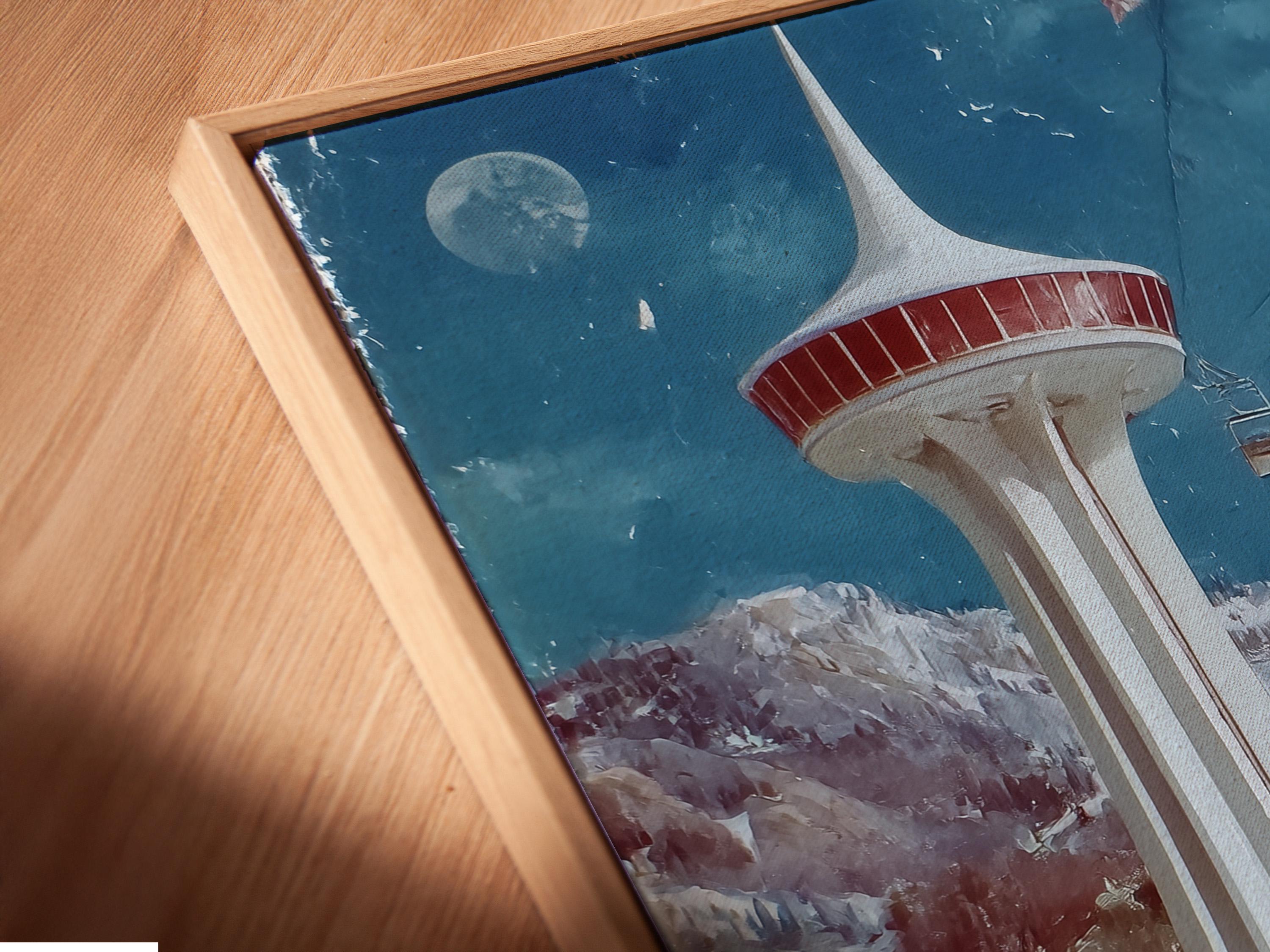 Winter ski resort scene with a tall tower, cable cars and skiers on snowy slopes detail view