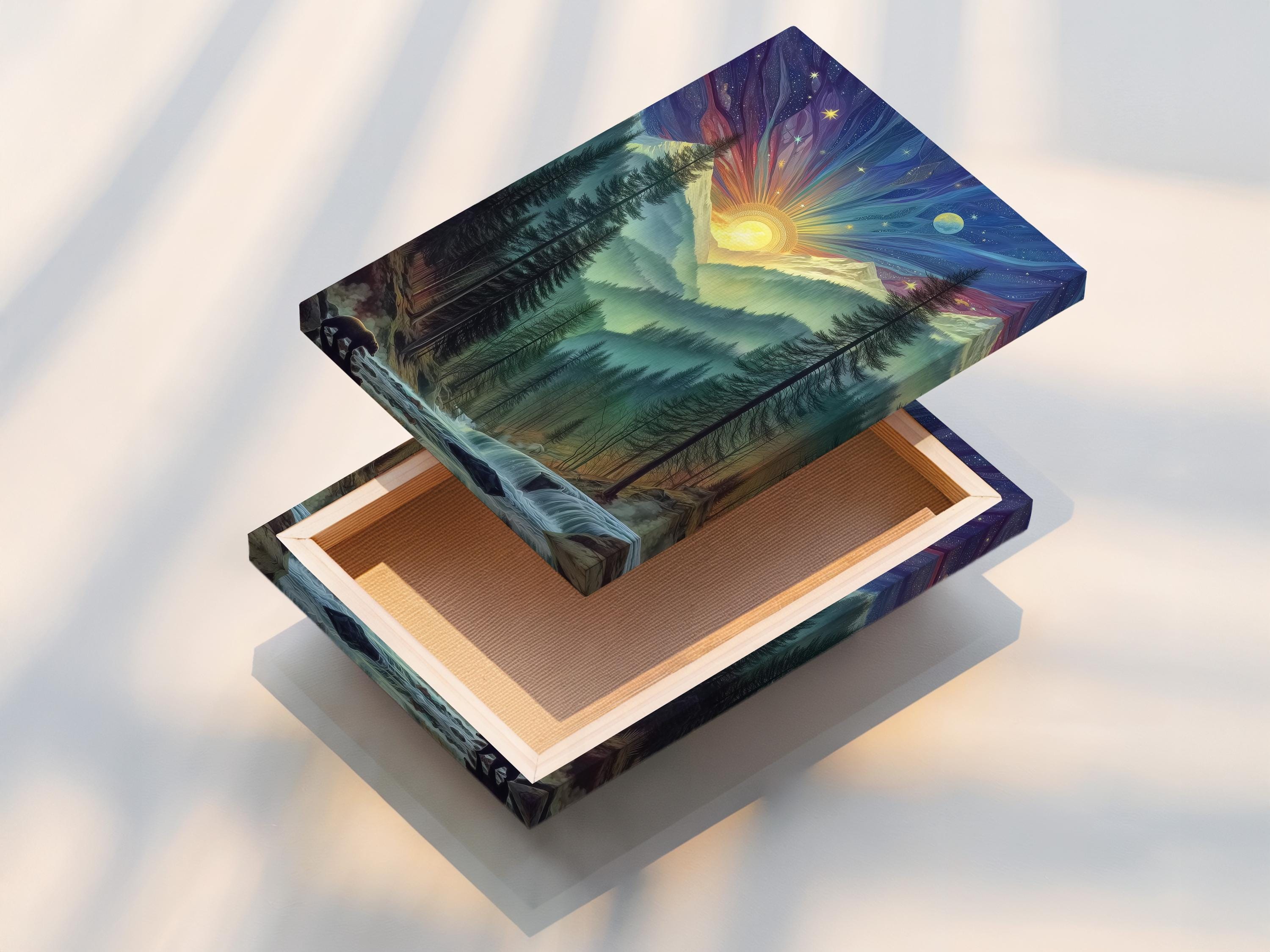 Framed mystical forest sunrise artwork mockup