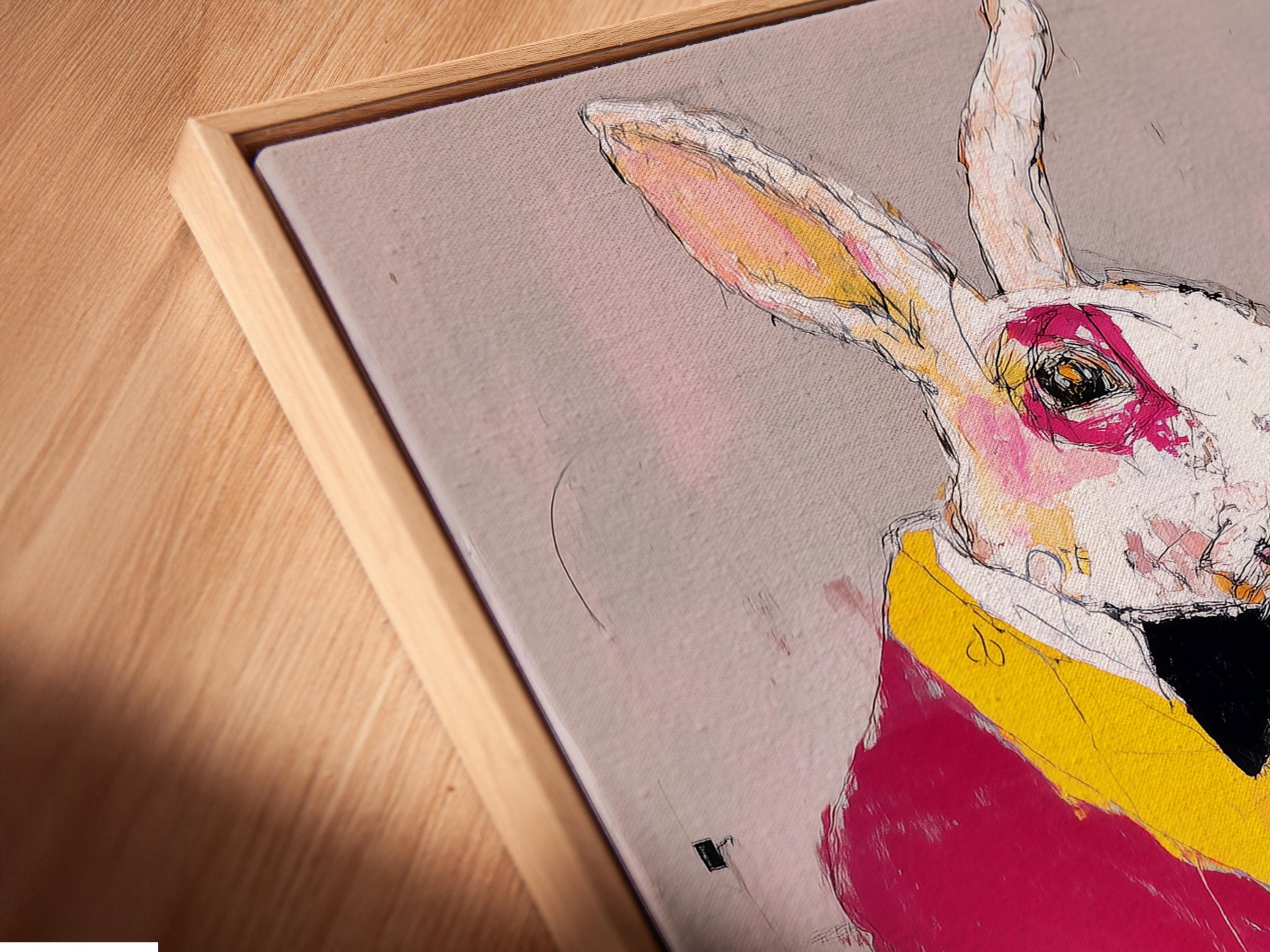 Rabbit playing piano with magenta and yellow jacket on a blush pink background detail view