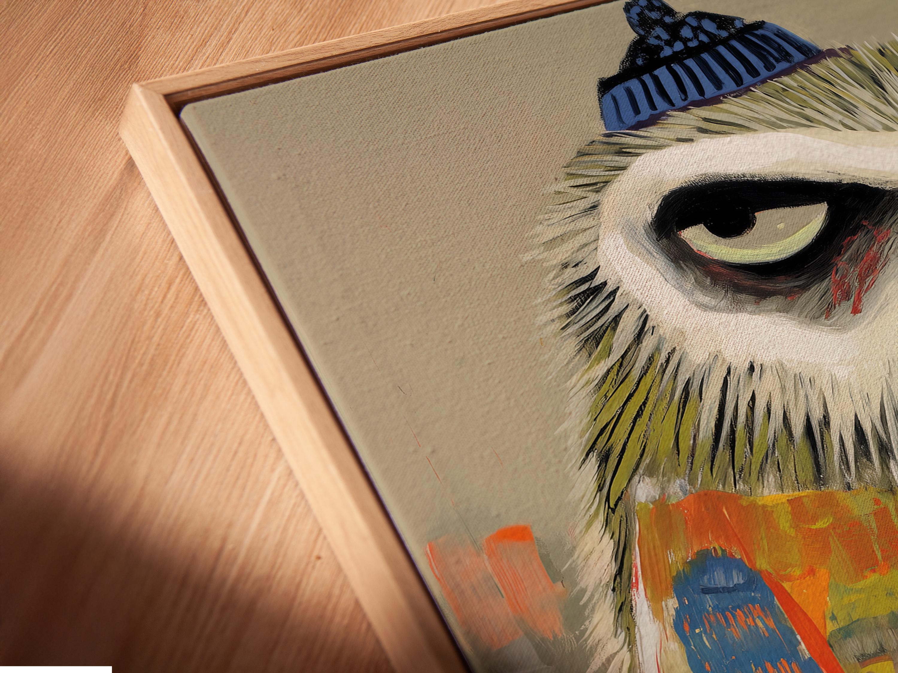 A stylised animal figure wearing a winter knit hat and skis is shown in a loose, painterly style with bright orange and blue accents detail view
