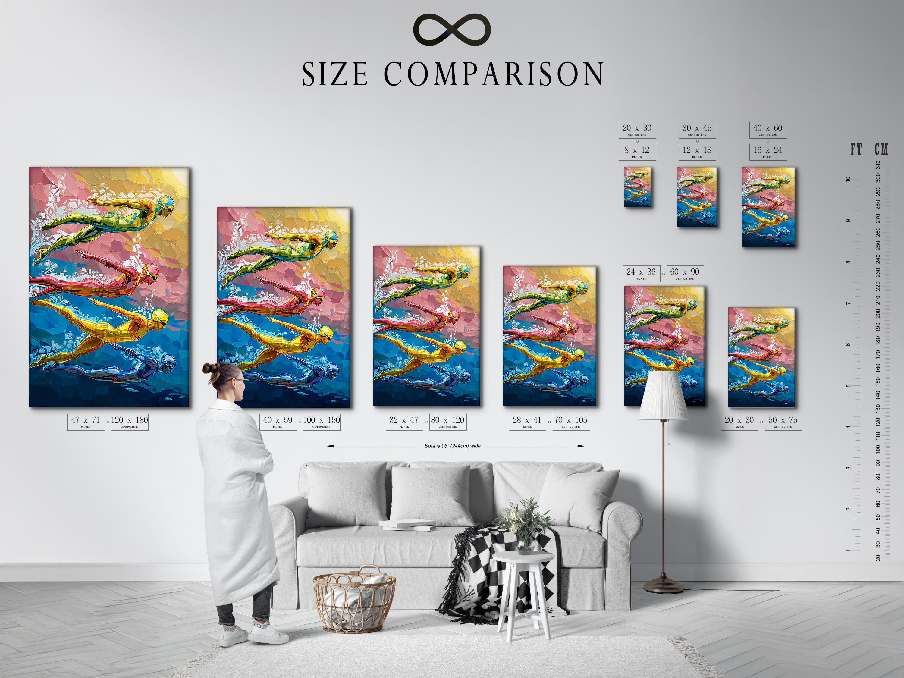 Room mockup showing a framed swimmer artwork on a light wall