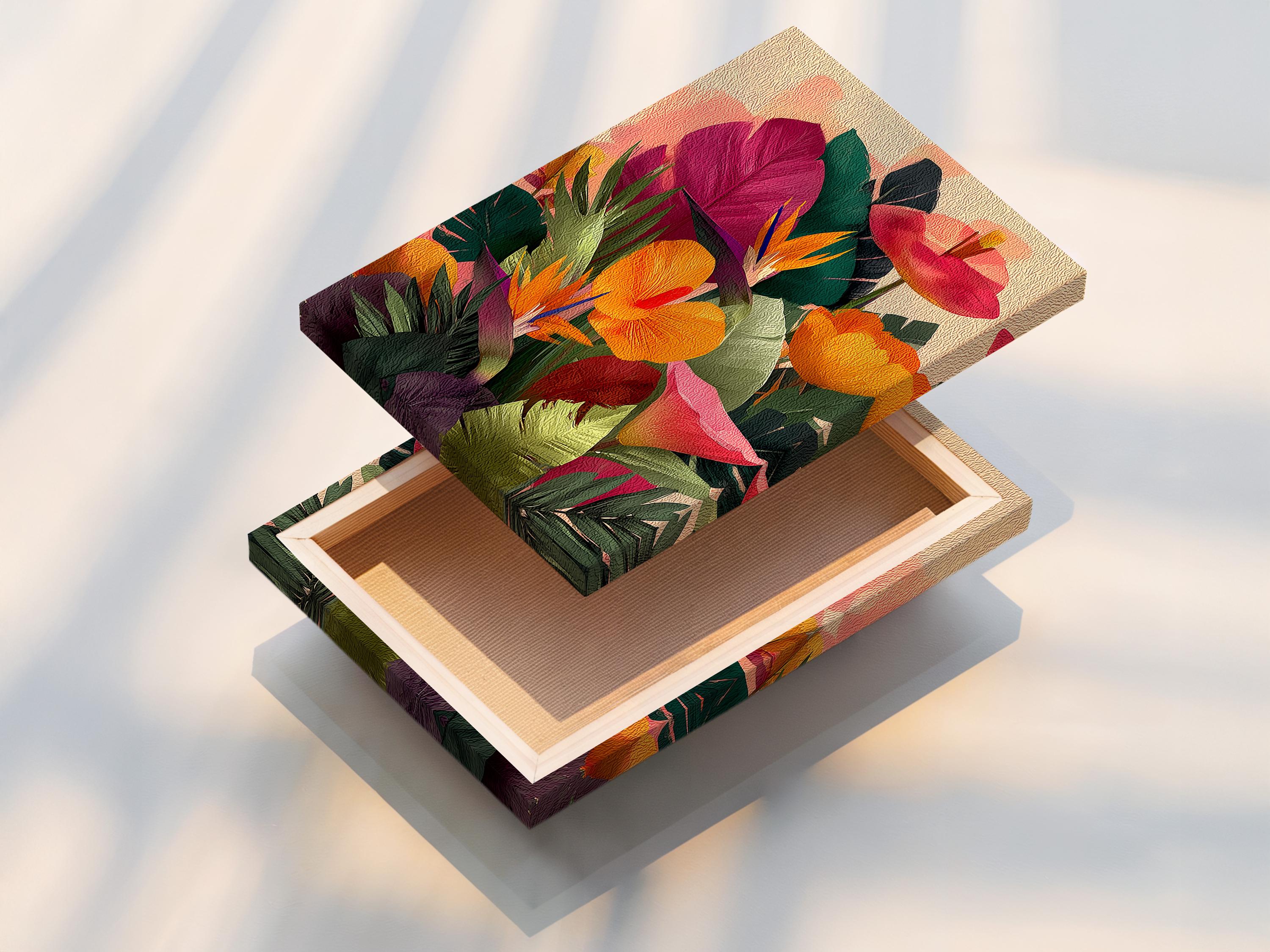 Tropical floral artwork mockup displayed on a wall with framed options shown