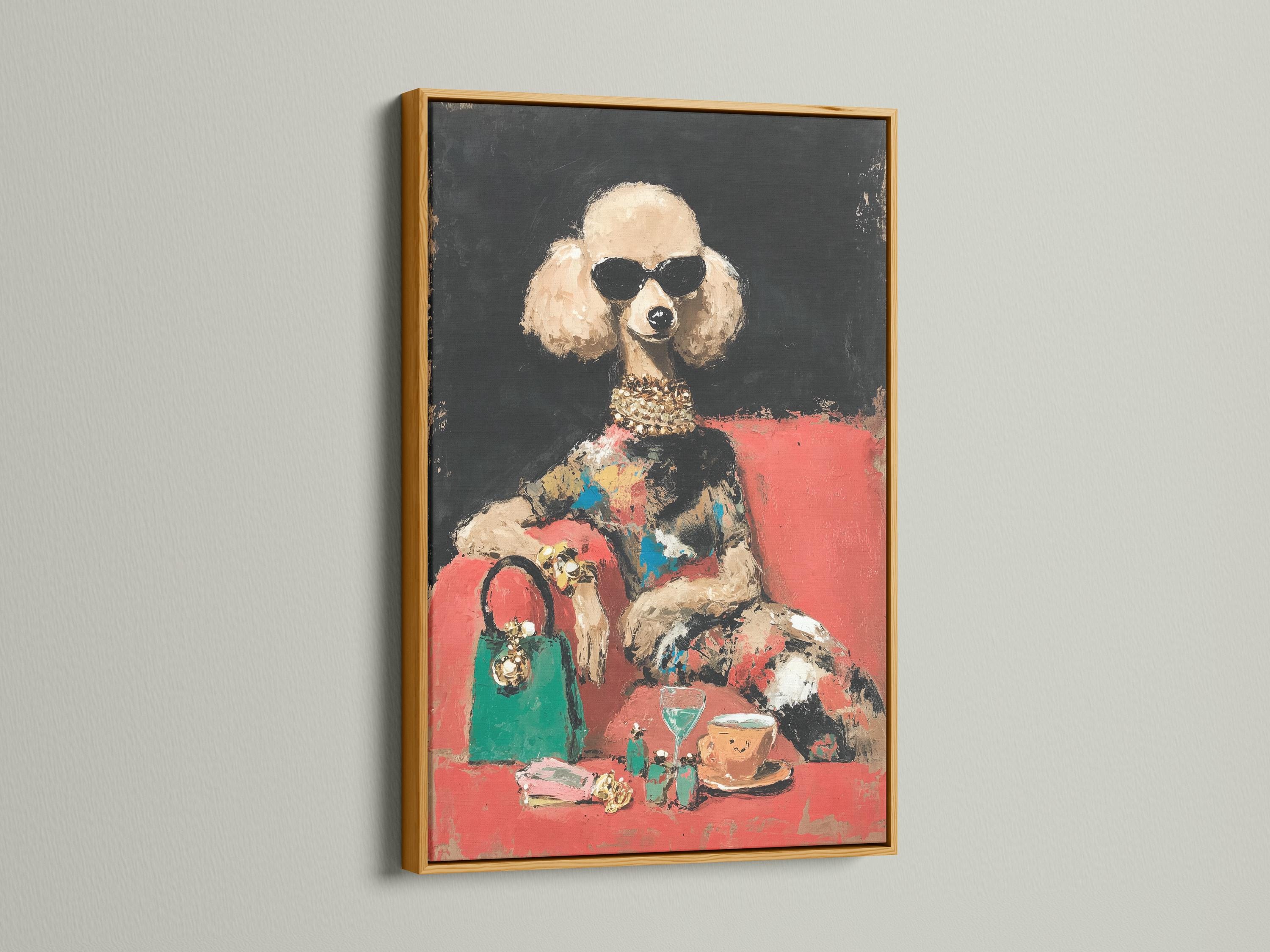Stylised dog portrait with dark sunglasses, gold collar accents and coral and teal colour blocks detail view