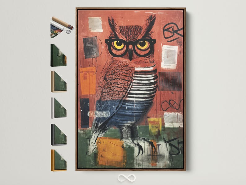 Stylised owl wearing oversized glasses in terracotta, teal and charcoal tones