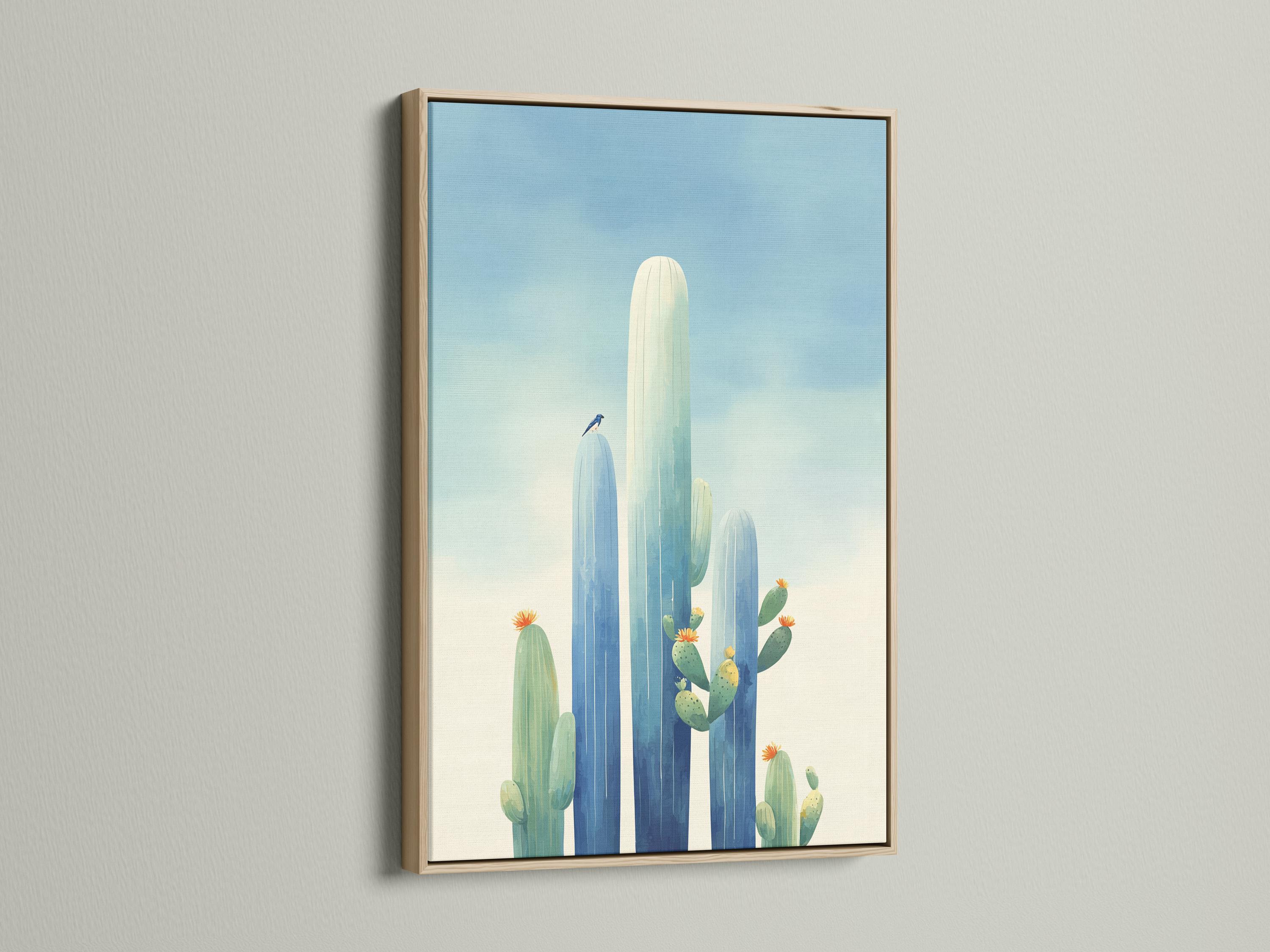 Framed cactus desert artwork with tall blue-green cacti and small orange blossoms against a pale blue sky detail view