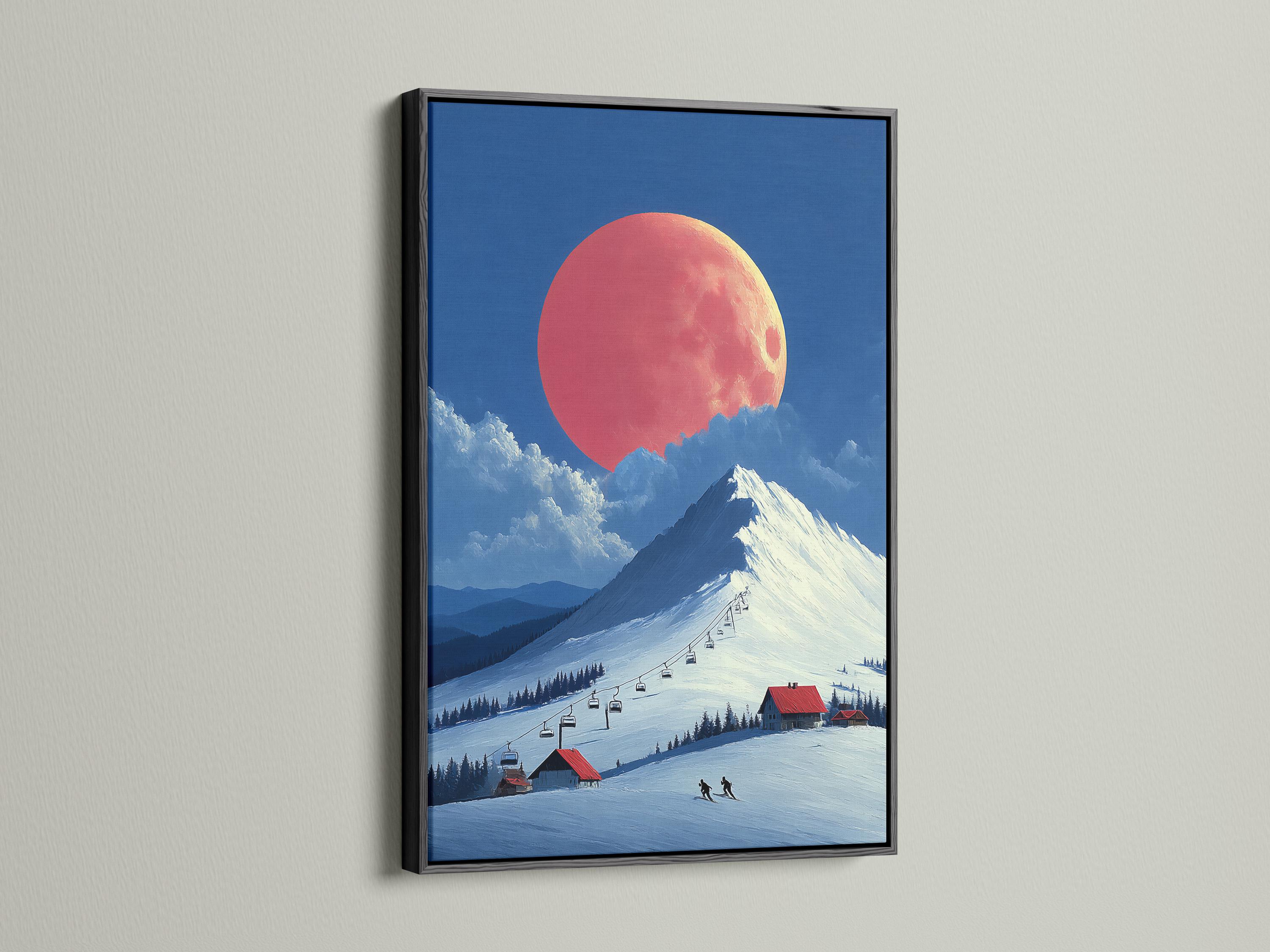 A snowy mountain landscape is shown under a large red-orange moon, with blue slopes, clouds, a ski lift line, and small skiers below detail view