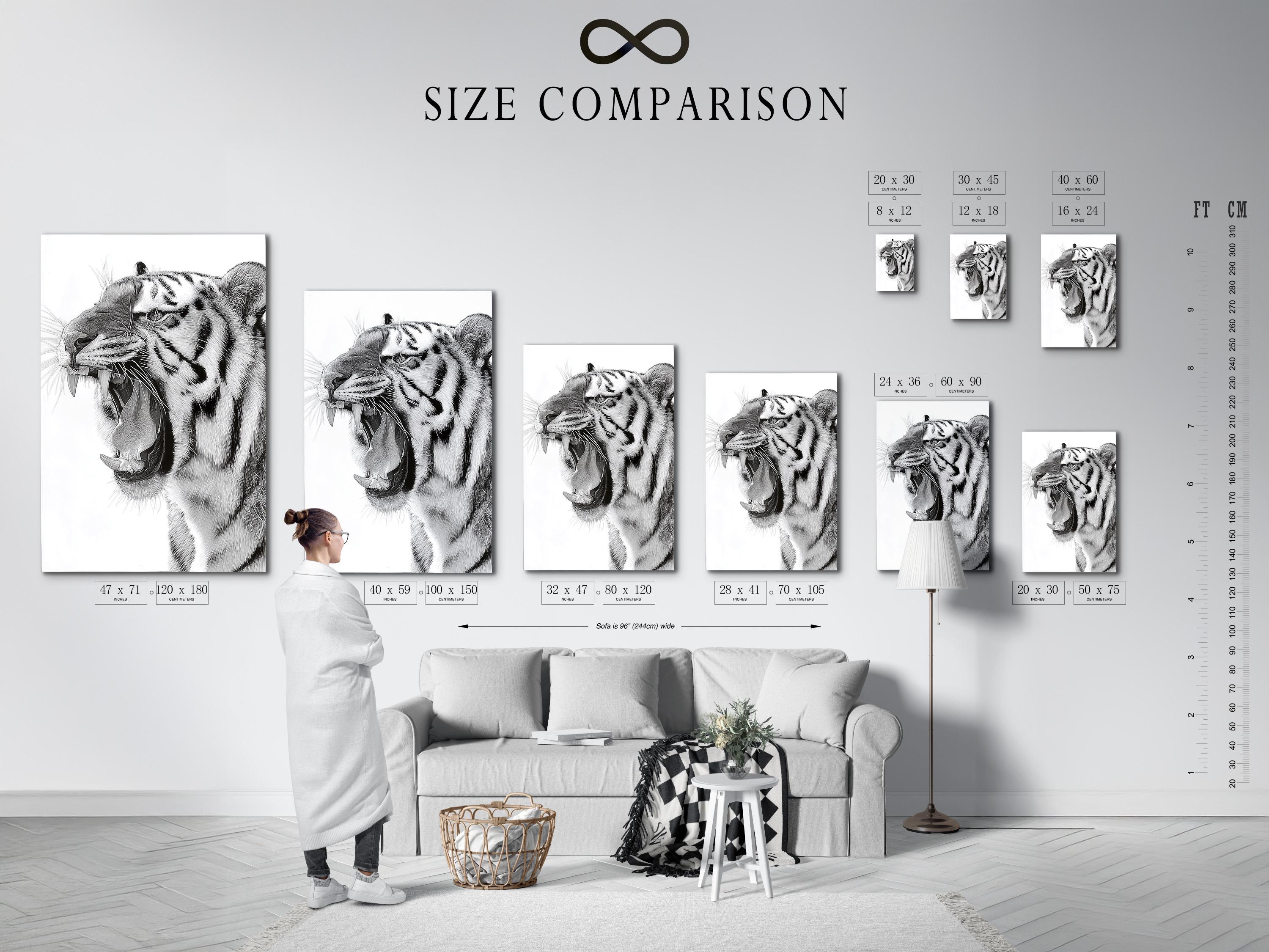 Room mockup showing a framed black and white tiger portrait artwork