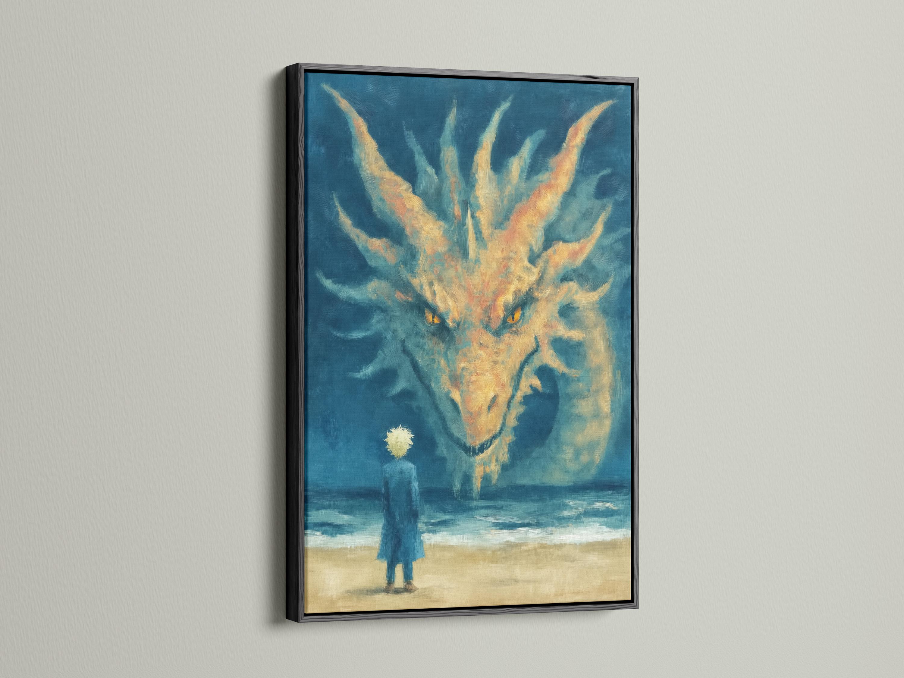 Blue dragon-like creature with glowing yellow eyes over a sandy beach ocean scene detail view