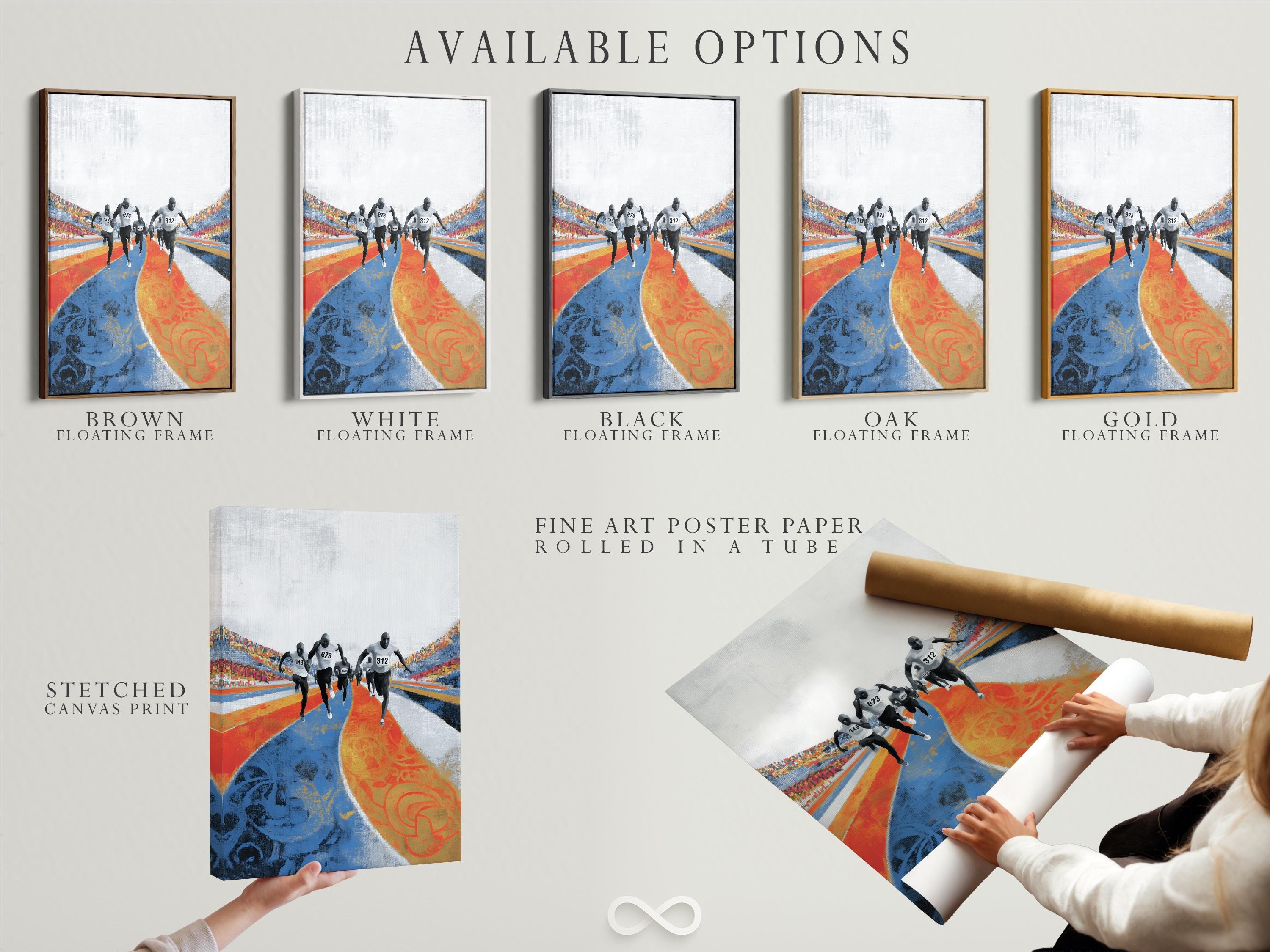 Marathon runner artwork shown in a wall mockup with frame thumbnails