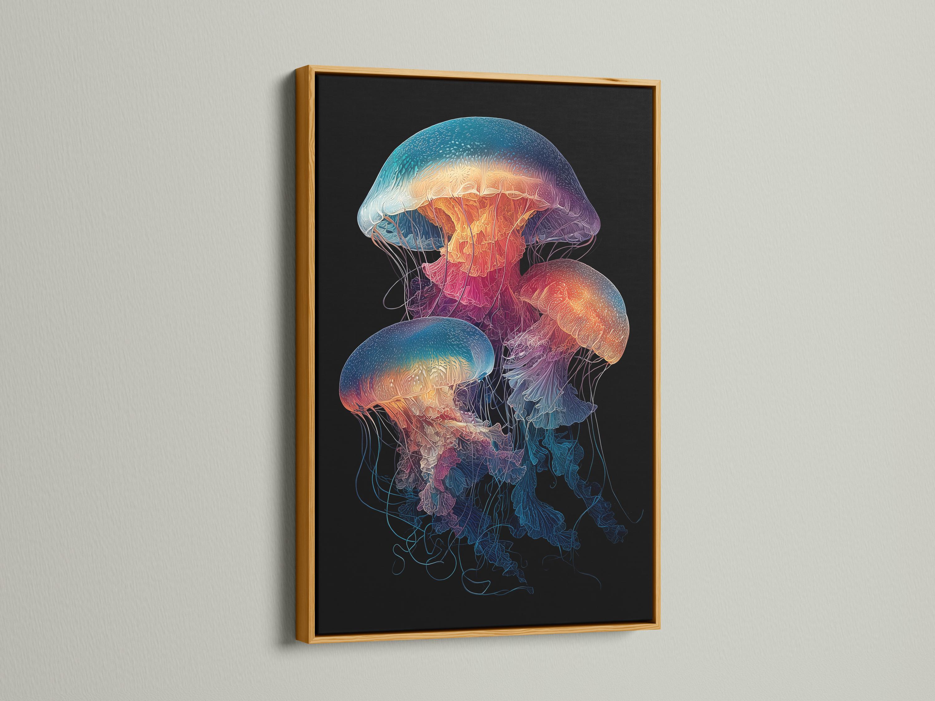 Illustration of a jellyfish with glowing teal, purple and orange colours on a dark background detail view