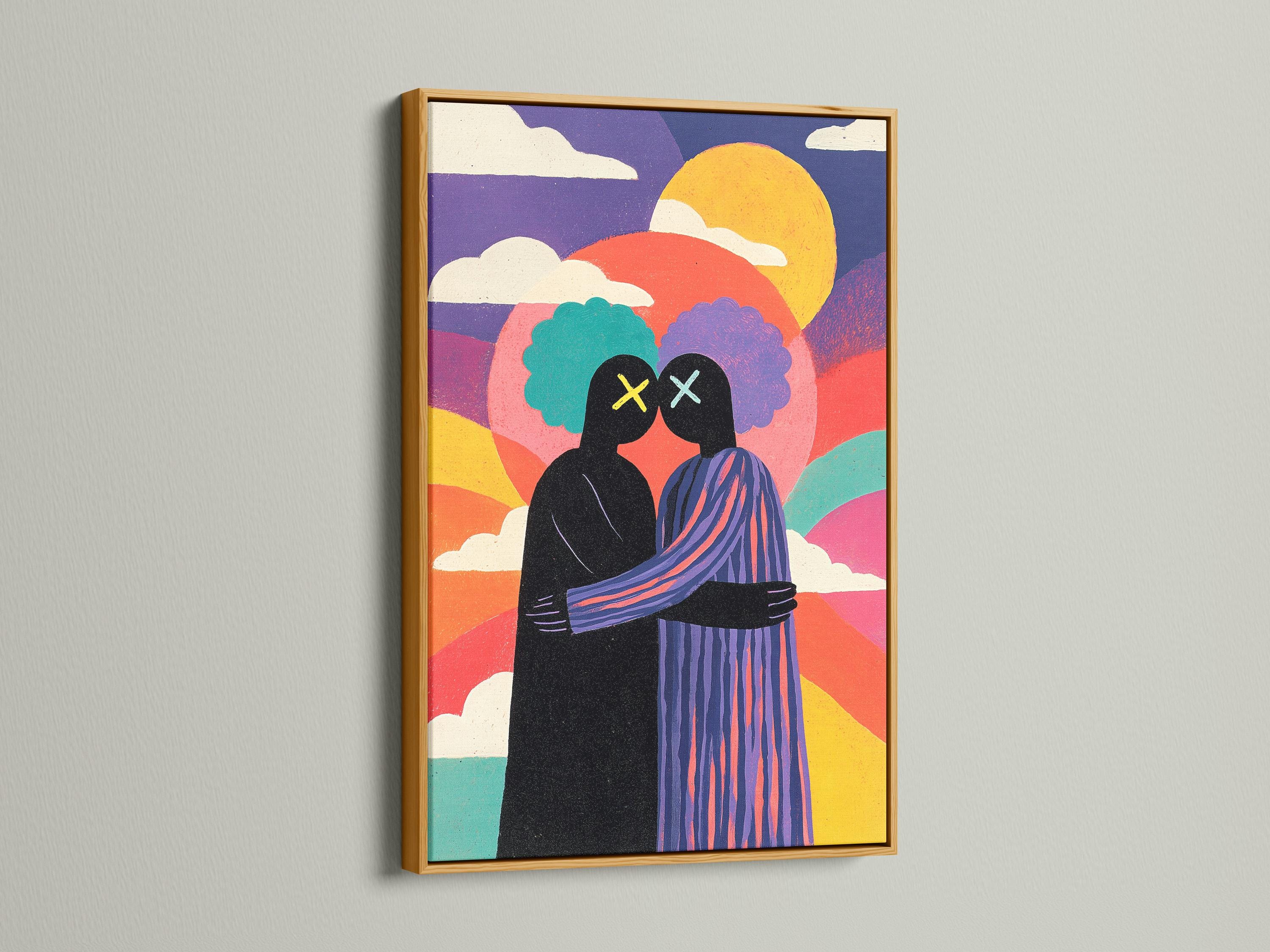 Mockup showing a framed artwork of a colourful sunset couple silhouette on a white wall