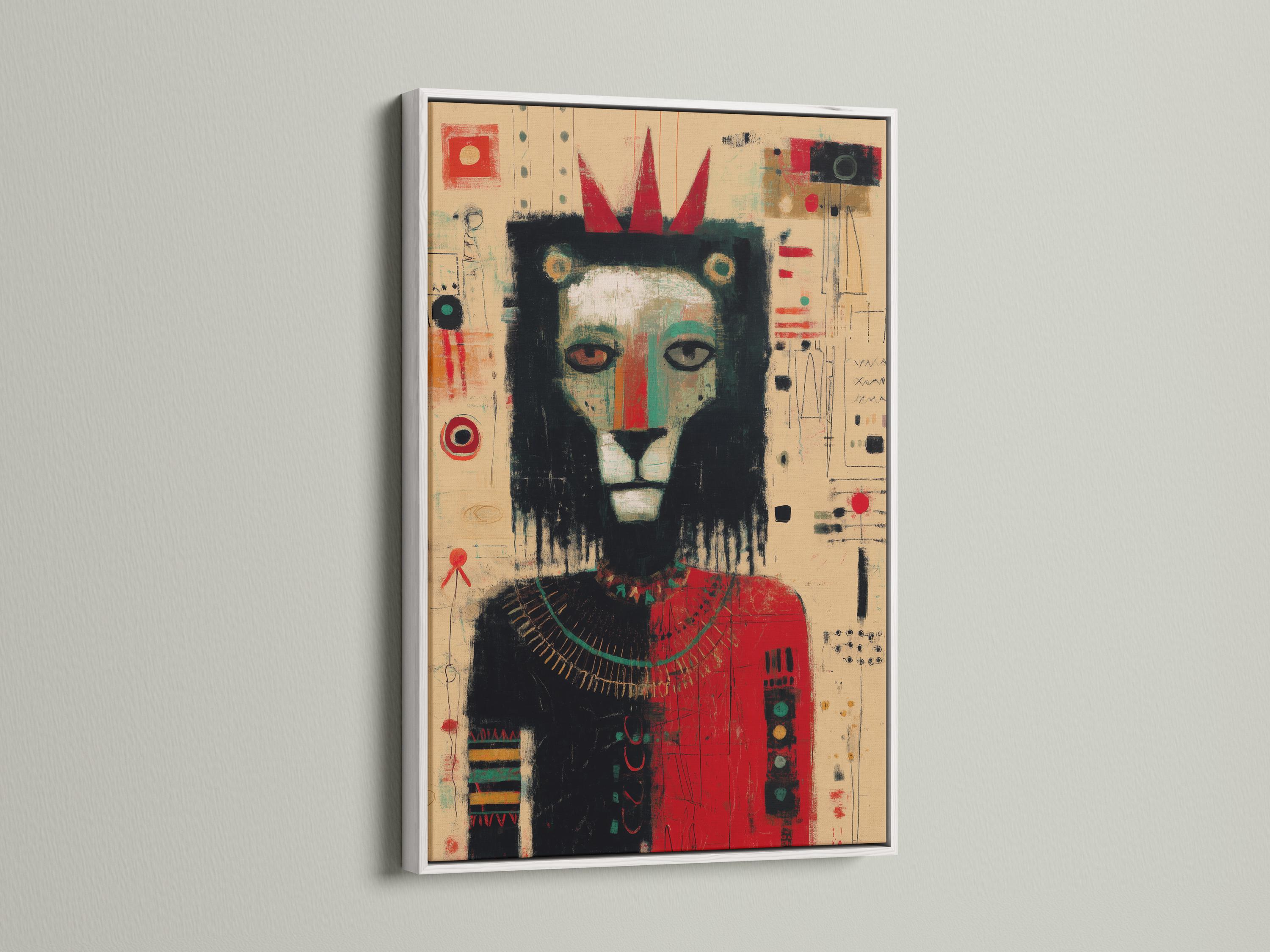 Stylised lion face artwork with a red crown shape on a beige abstract background detail view