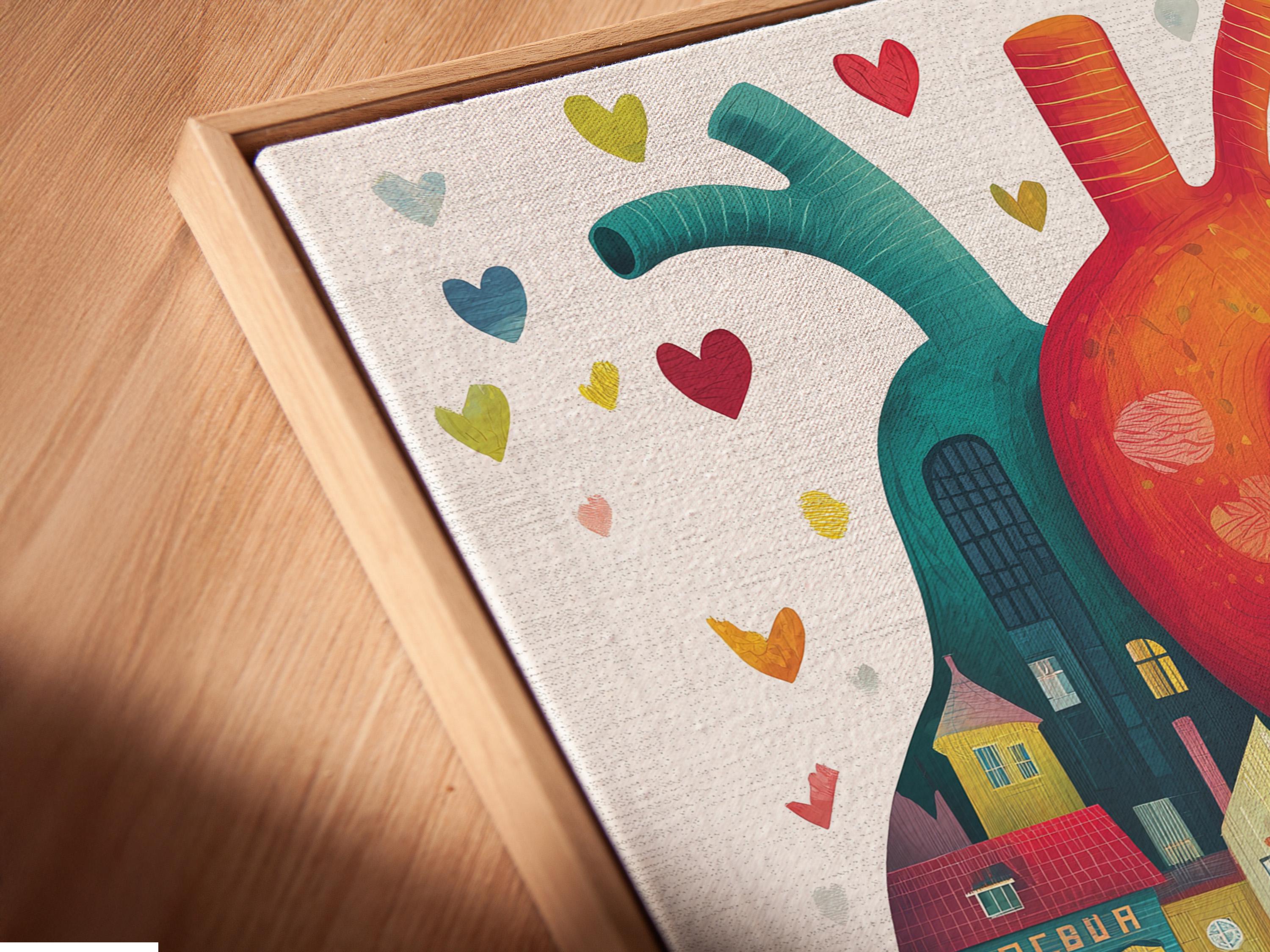Teal anatomical heart filled with colourful city houses and small floating hearts detail view