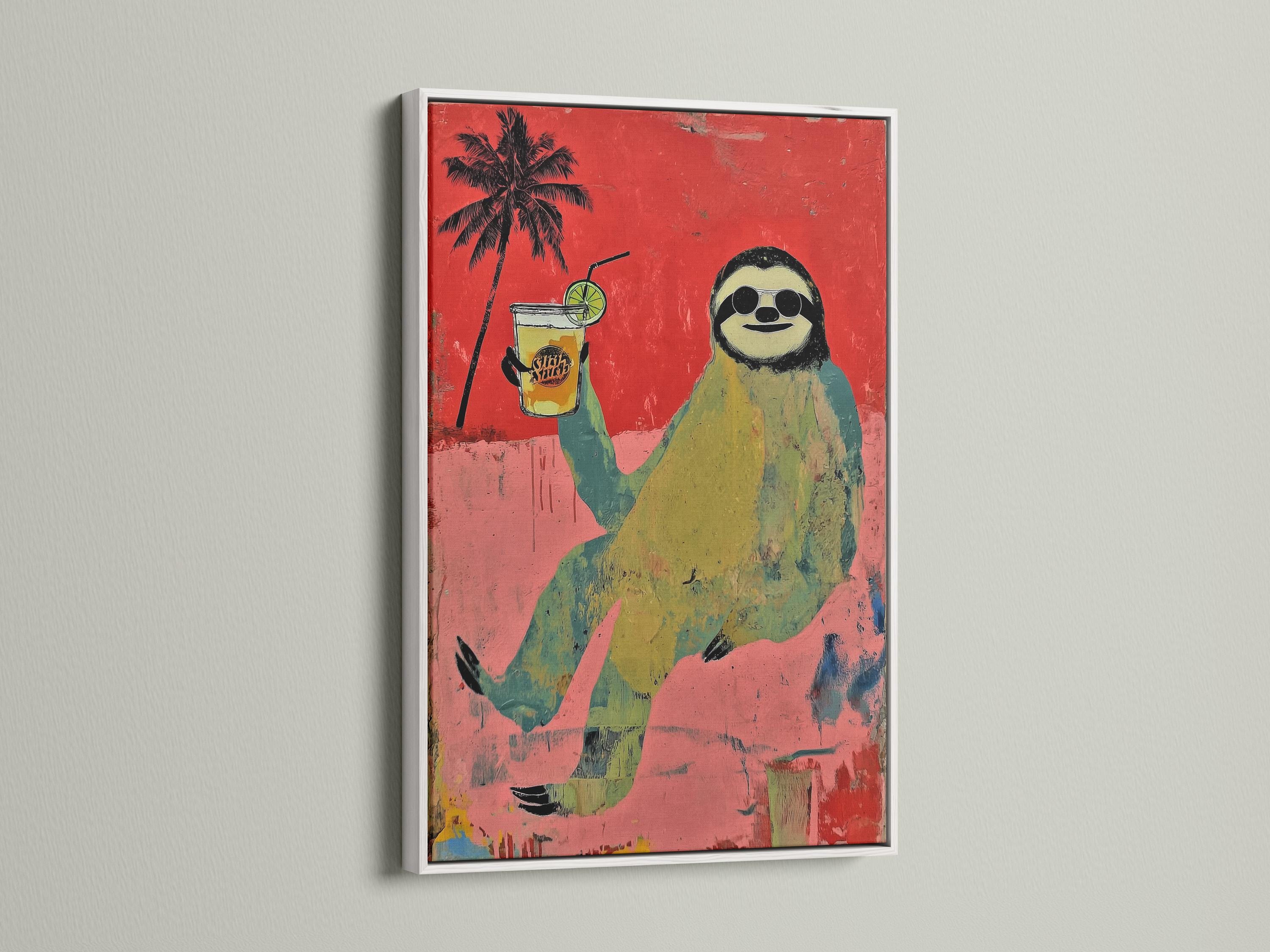 Cartoon sloth with round goggles holding a green drink with straw and lime slice, beside a palm tree on a red textured background detail view