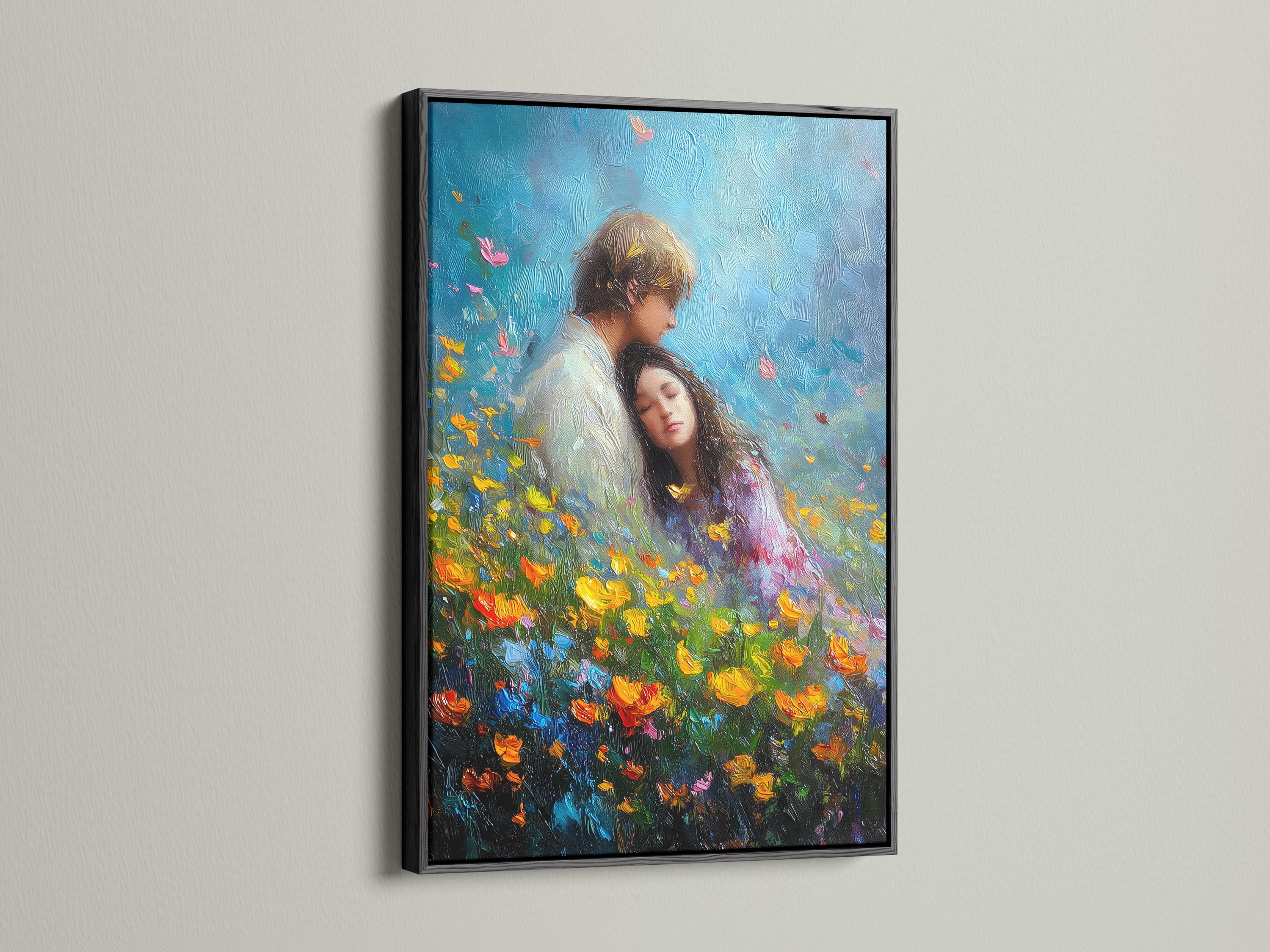Romantic couple embracing in a blue wildflower field, painterly textured style detail view