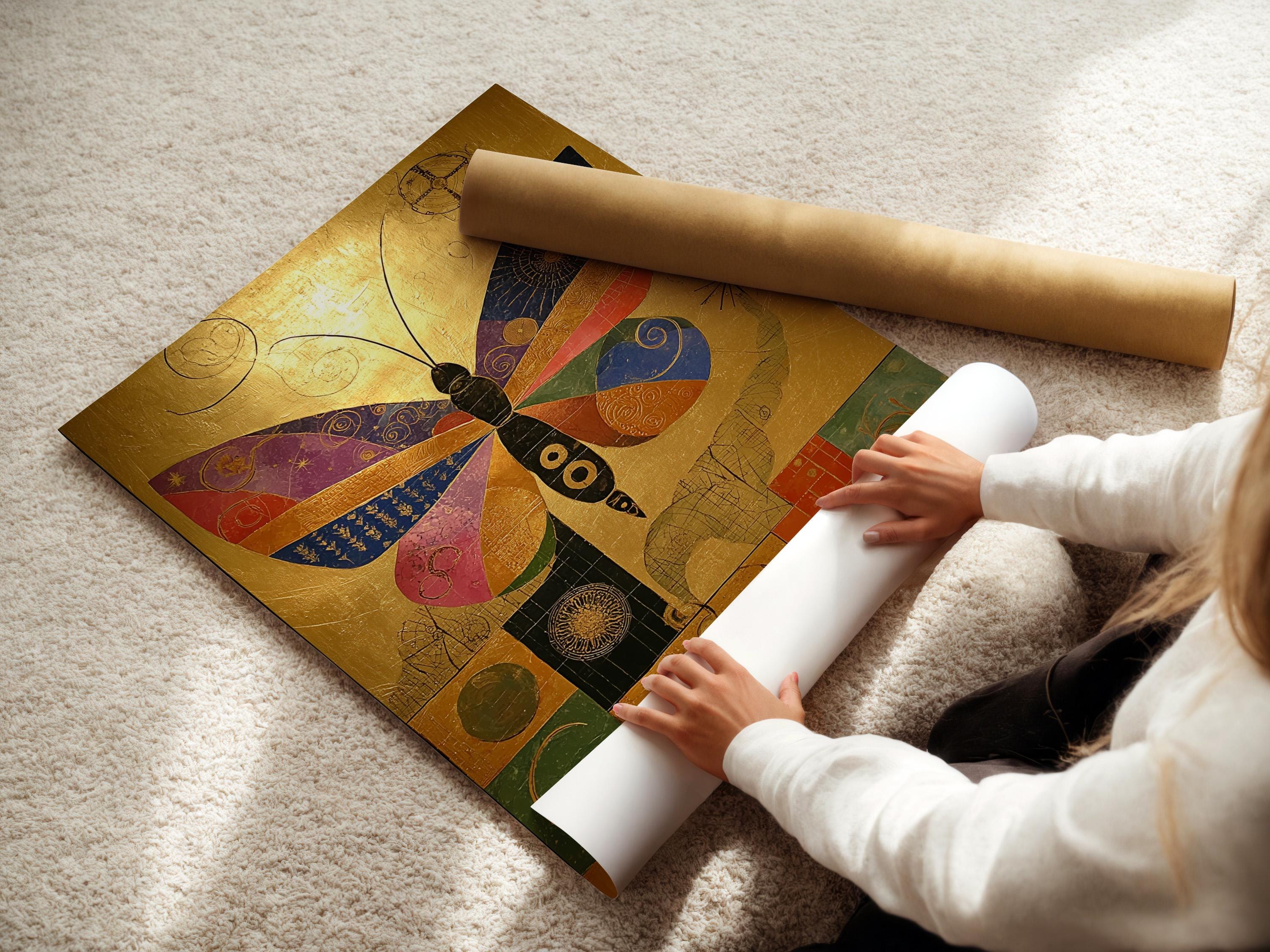 Artwork mockup showing a gold butterfly design in a frame with tile-like geometric details