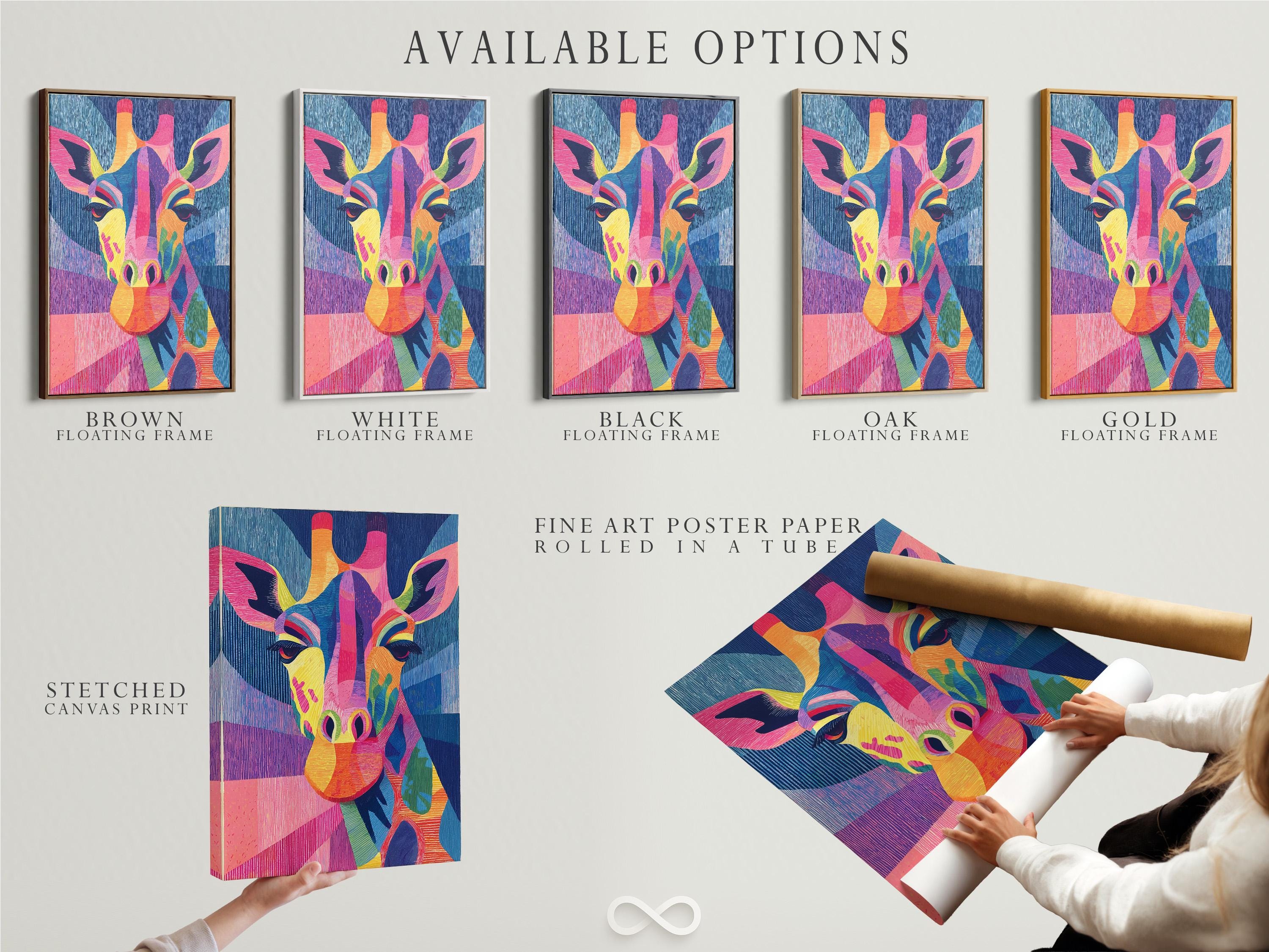 Stylised rainbow giraffe portrait with textured blue, pink and purple geometric background detail view