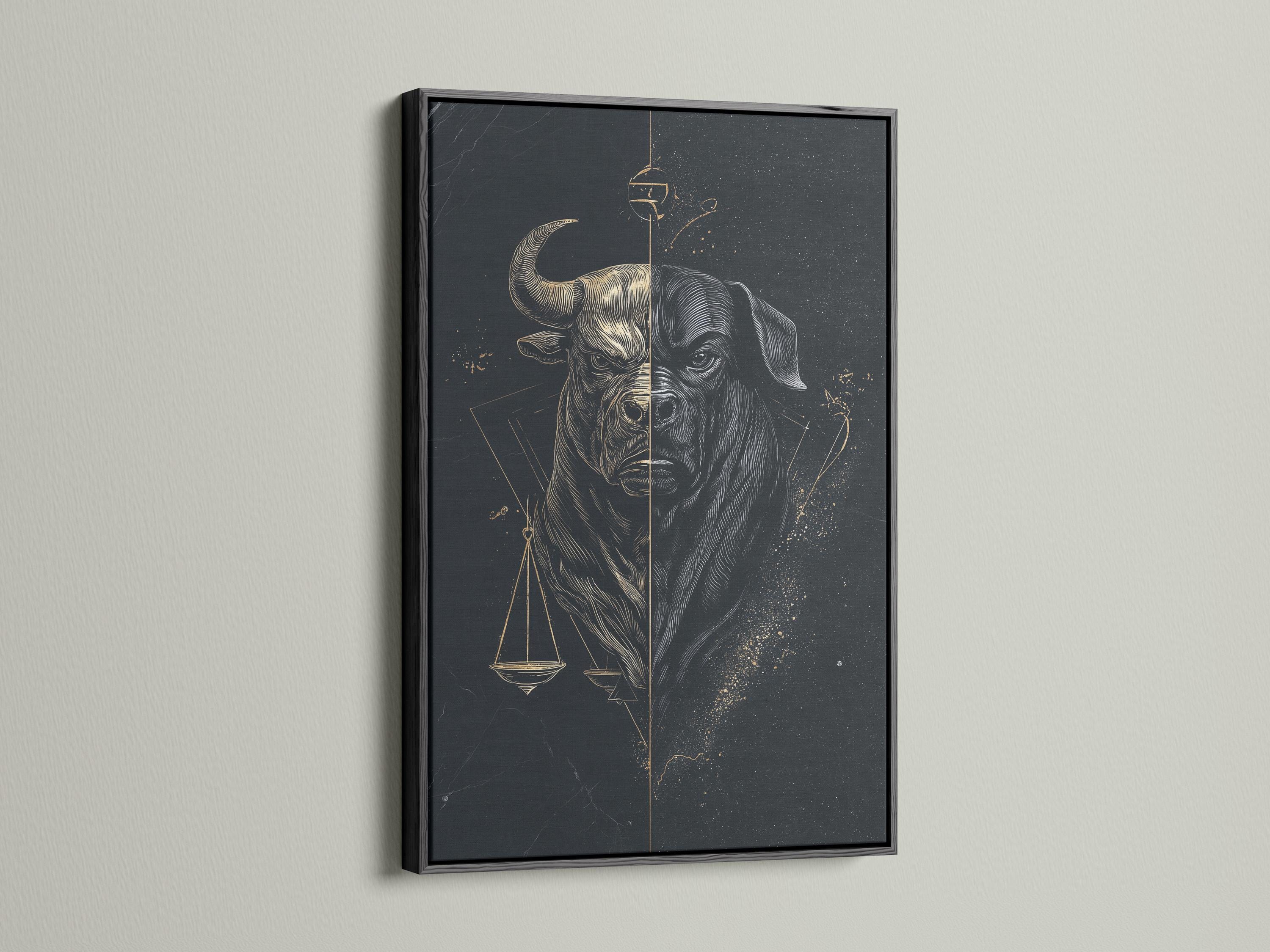 Split monochrome bull and dog portrait with gold scales of justice on a dark background detail view